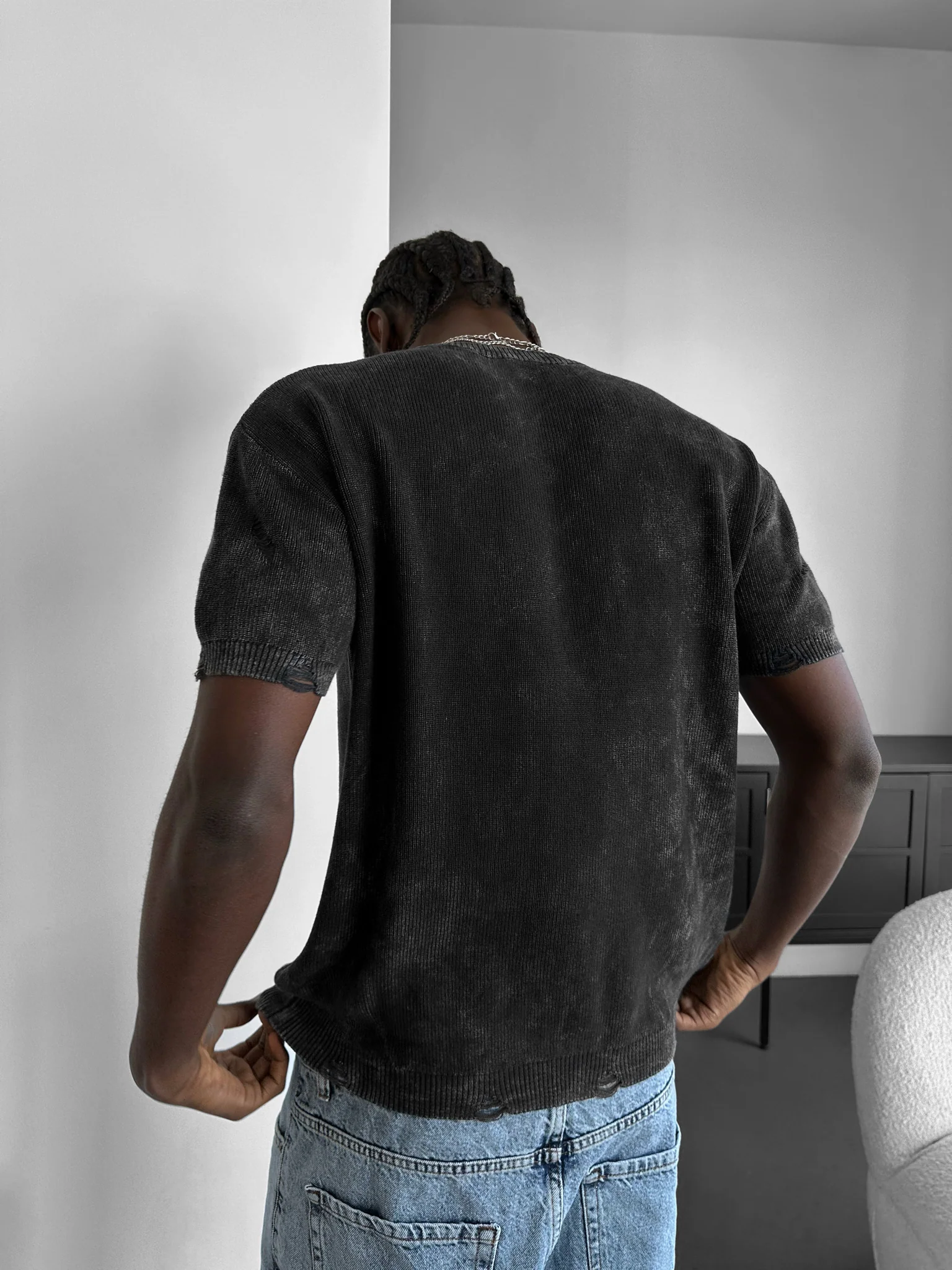 Oversize Knit Torn T-Shirt - Anthracite - Image 4