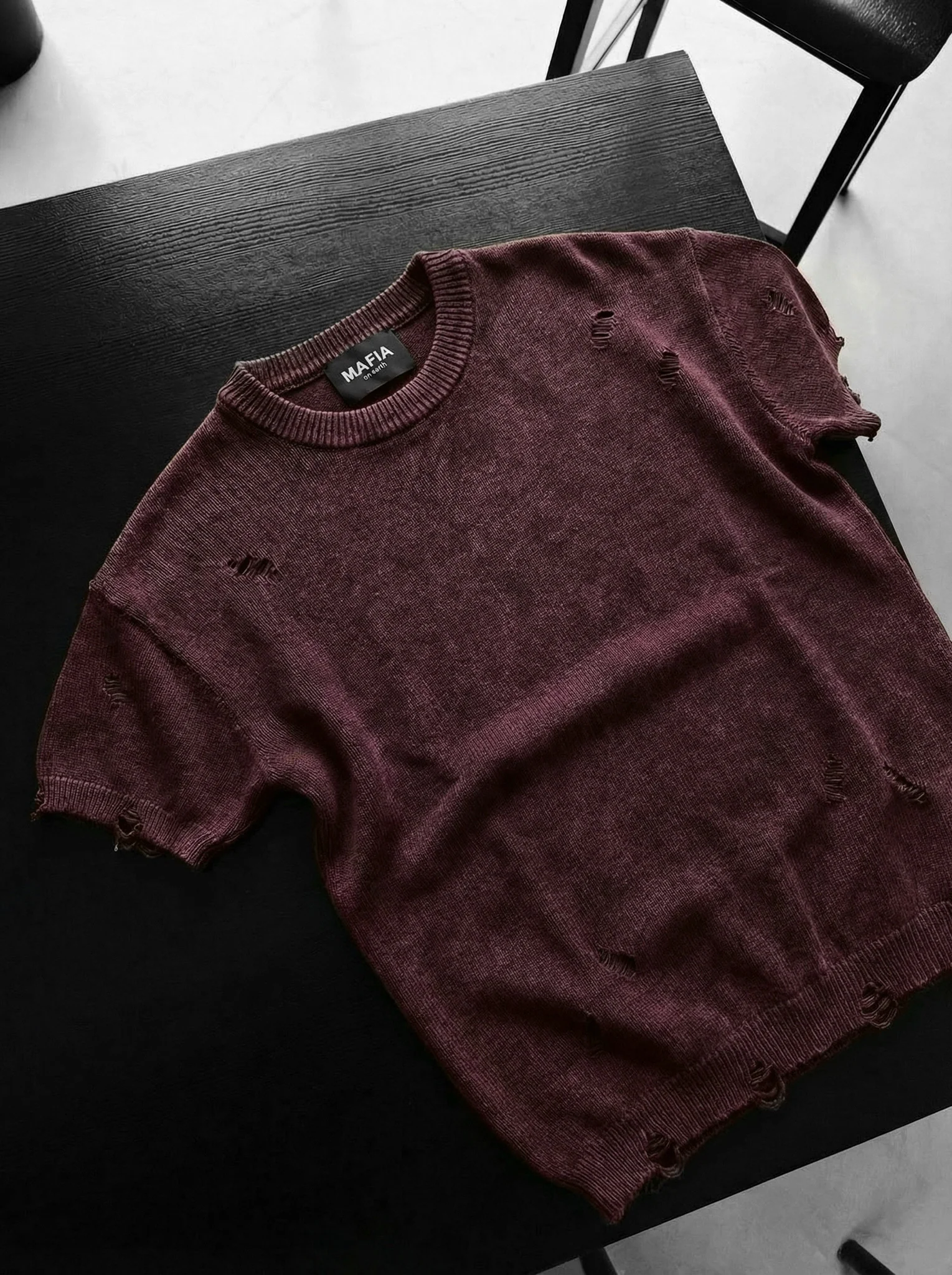 Oversize Knit Torn T-Shirt - Bordeaux
