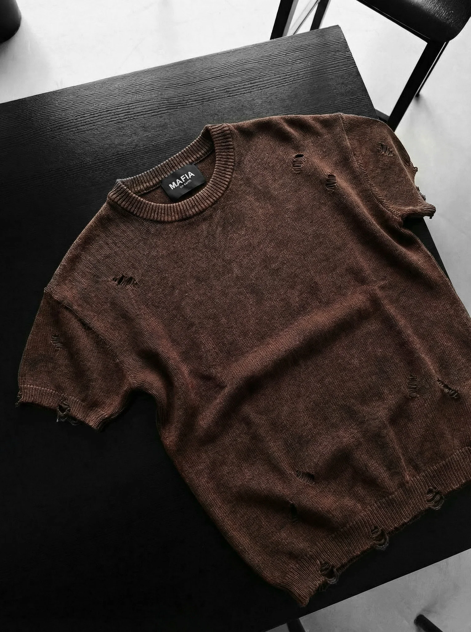 Oversize Knit Torn T-Shirt - Dark Brown