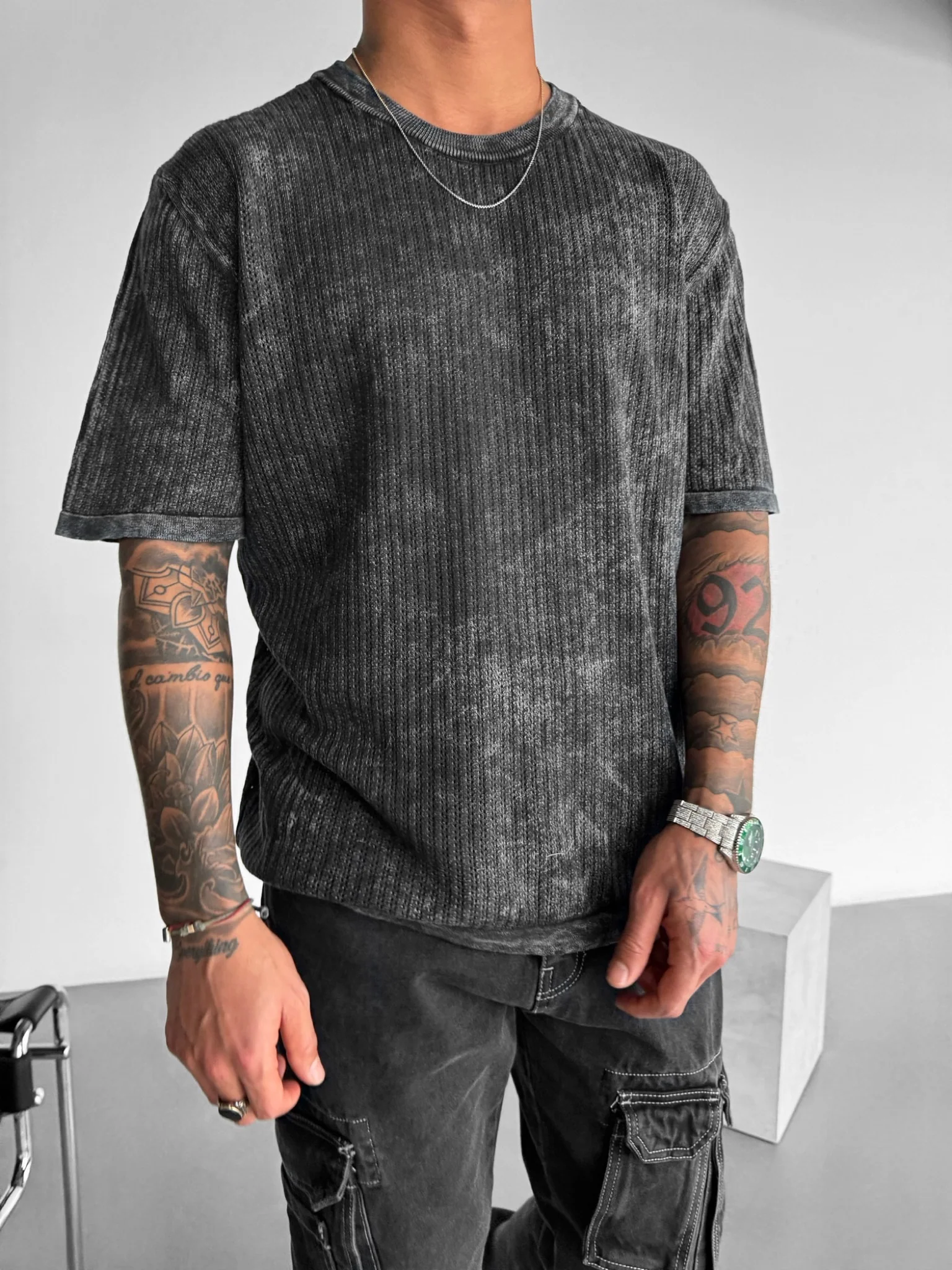 Oversize Knit Washed T-shirt - Black - Image 2