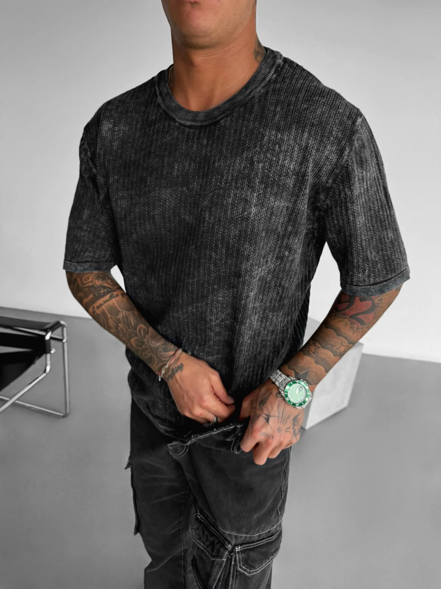 Oversize Knit Washed T-shirt - Black - Image 3