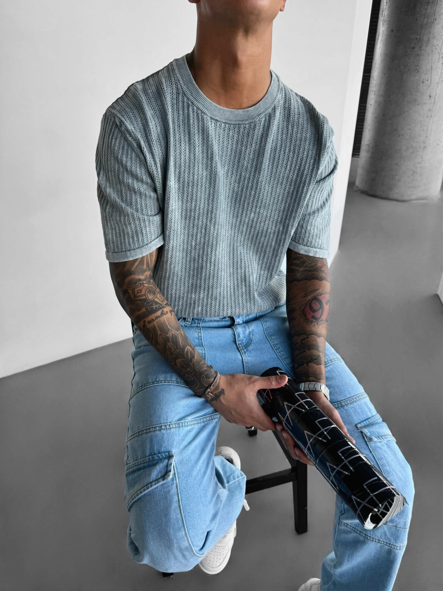 Oversize Knit Washed T-shirt - Grey - Image 2