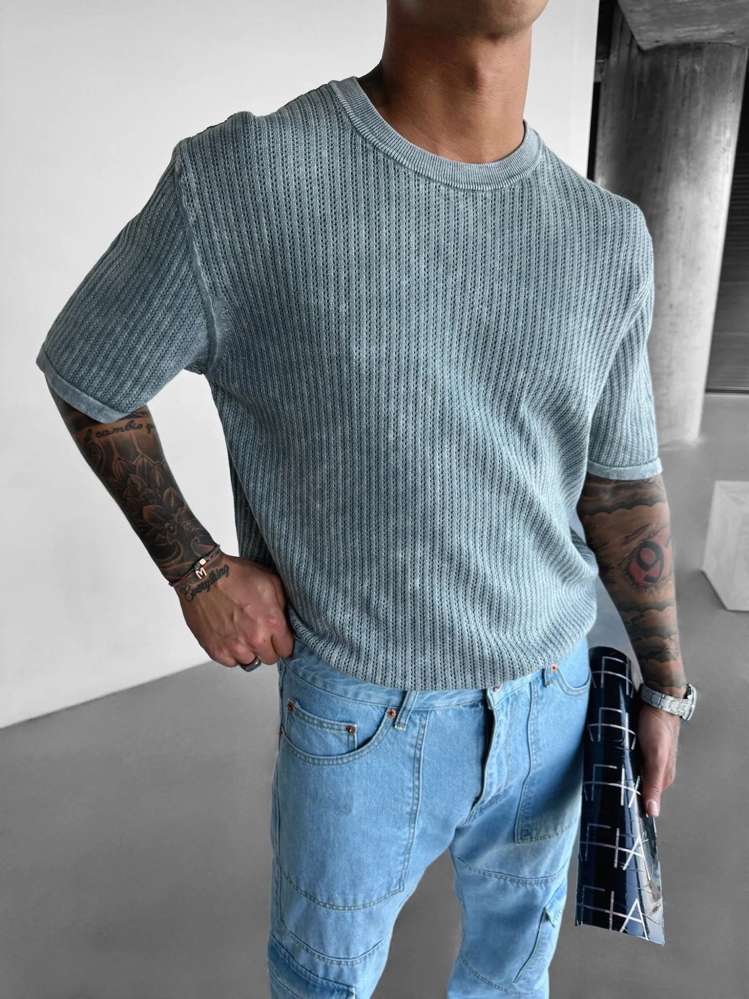 Oversize Knit Washed T-shirt - Grey - Image 3