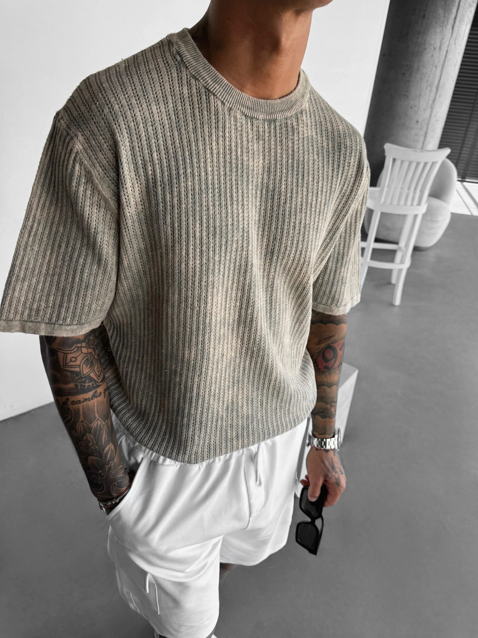 Oversize Knit Washed T-shirt - Stone - Image 2