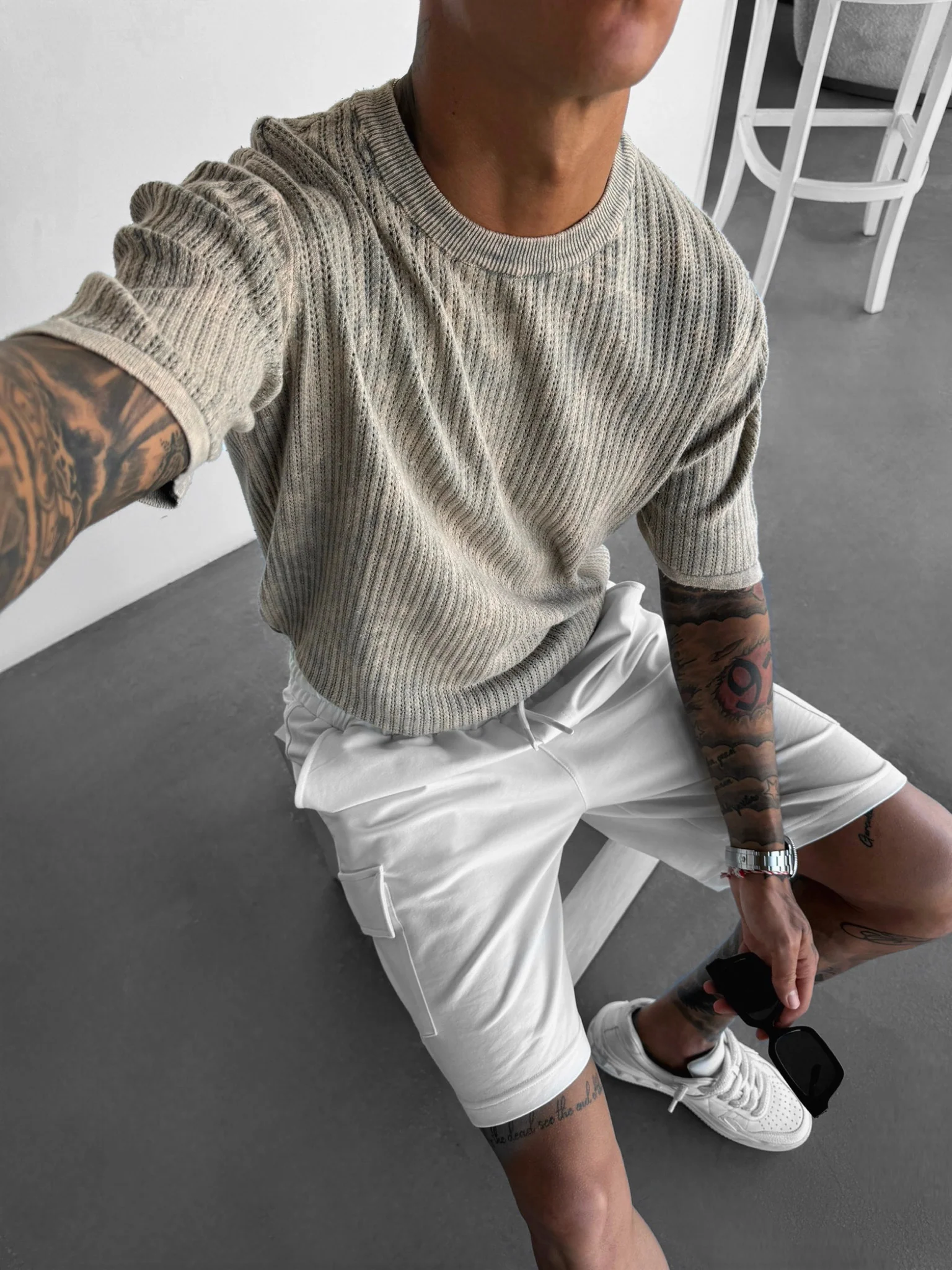 Oversize Knit Washed T-shirt - Stone - Image 3