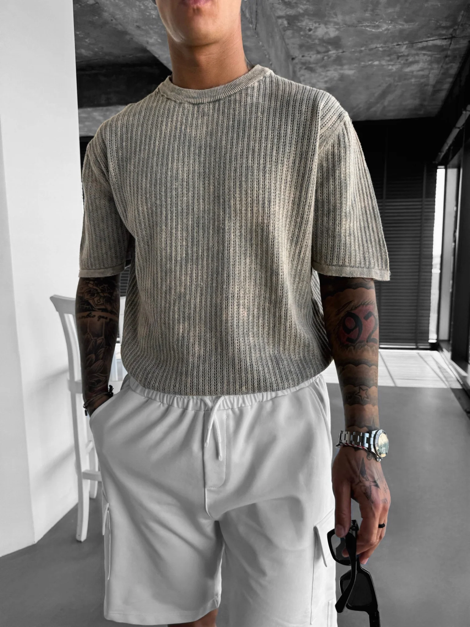 Oversize Knit Washed T-shirt - Stone - Image 4