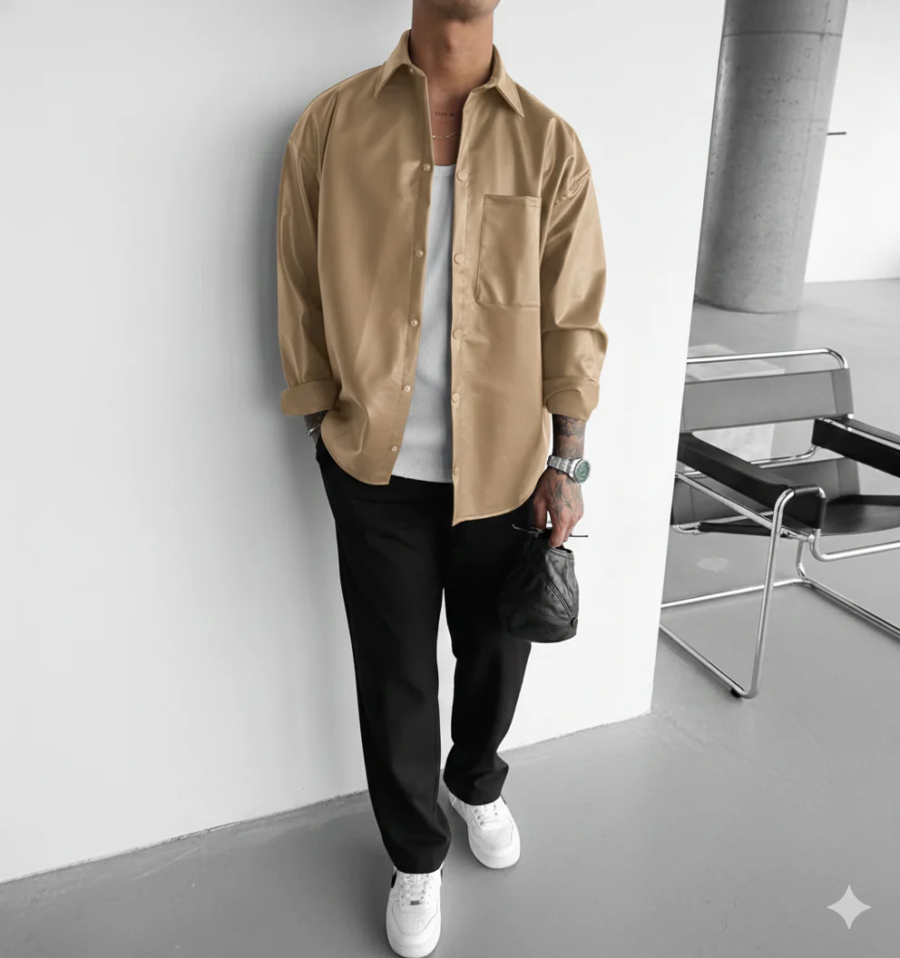 Oversize Leather Optik Shirt - Beige - Image 2