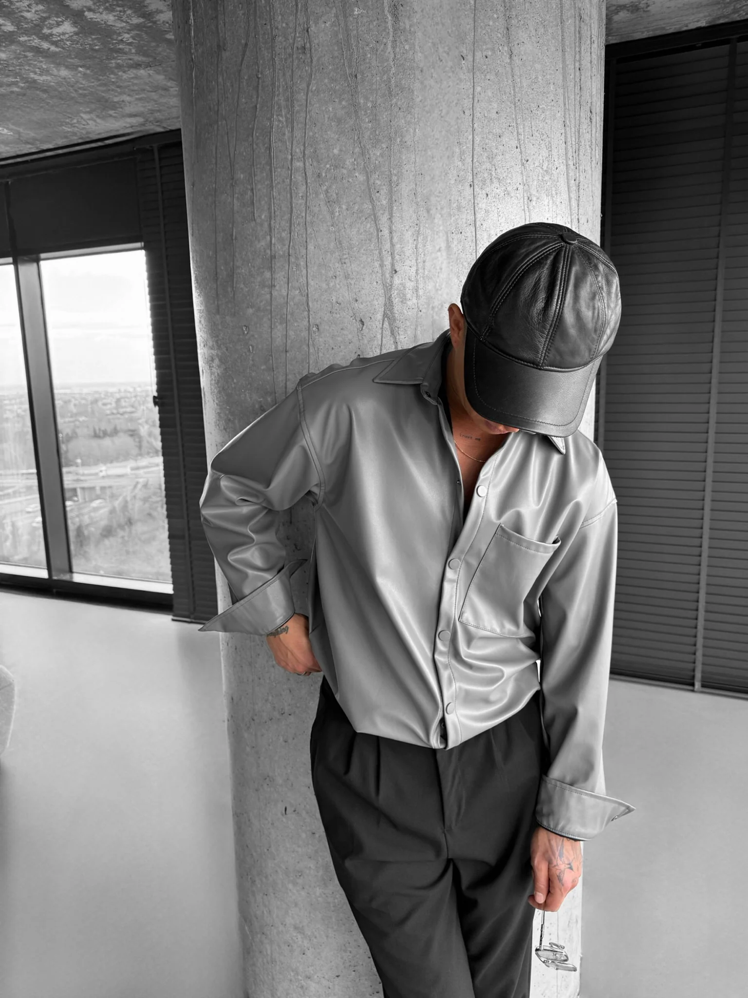Oversize Leather Optik Shirt - Cool Grey - Image 3