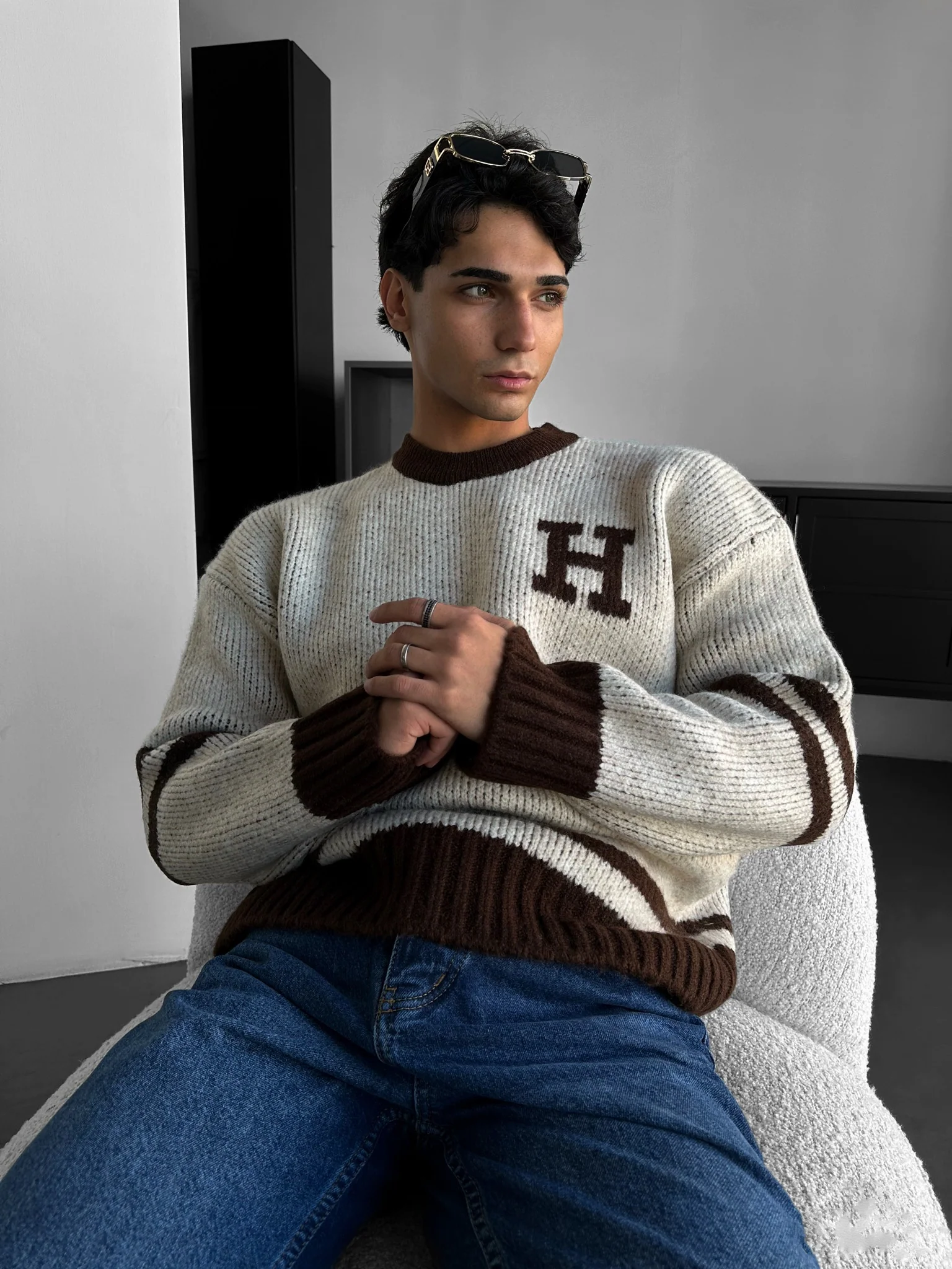 Oversize Knit Letter Sweater - Beige - Image 2