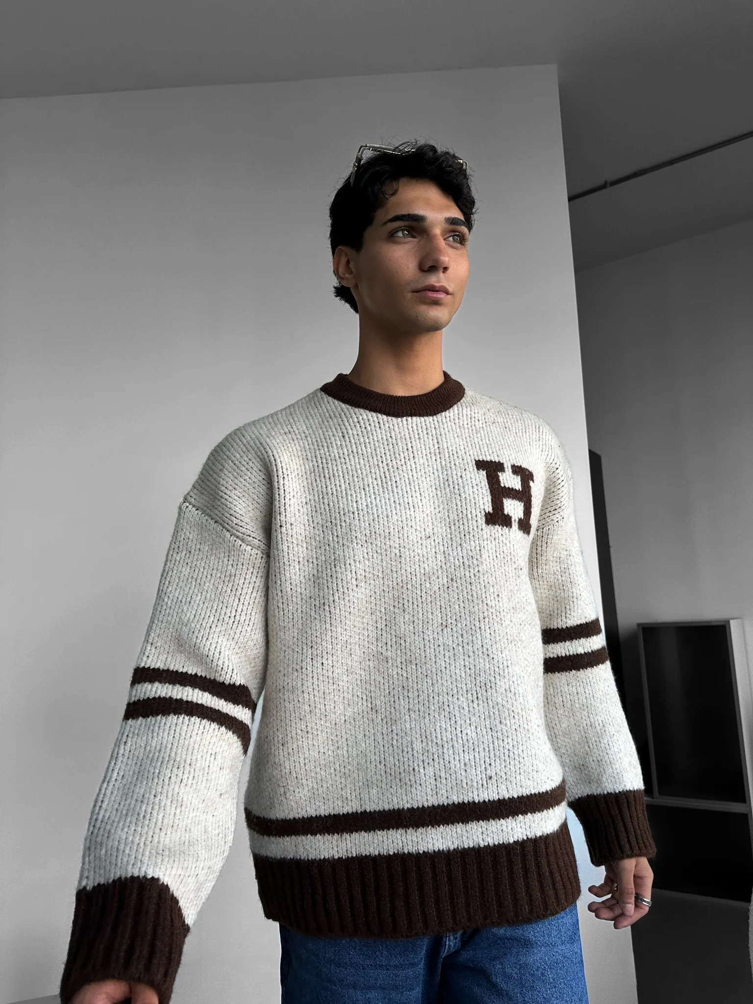 Oversize Knit Letter Sweater - Beige - Image 3