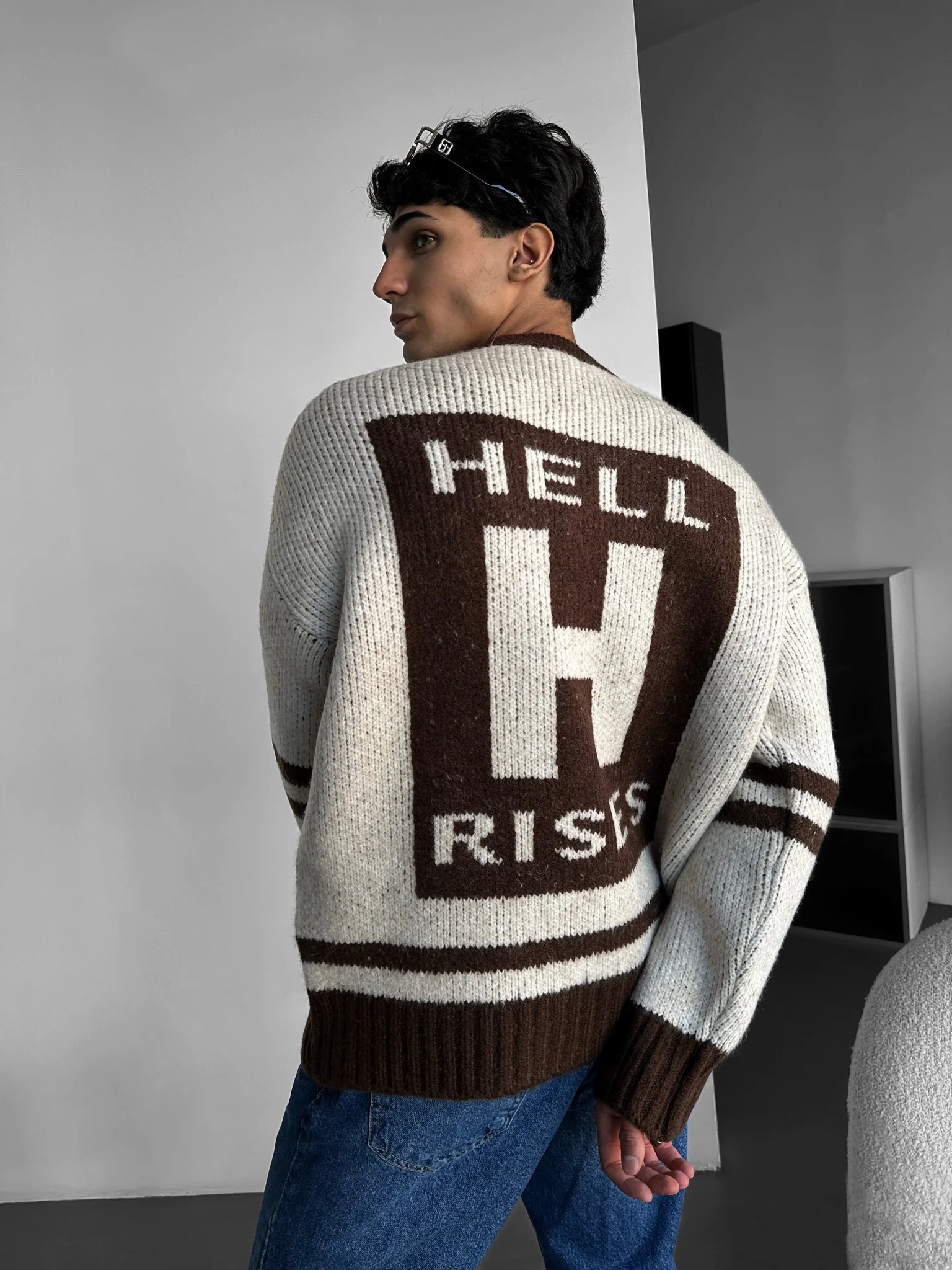 Oversize Knit Letter Sweater - Beige - Image 4