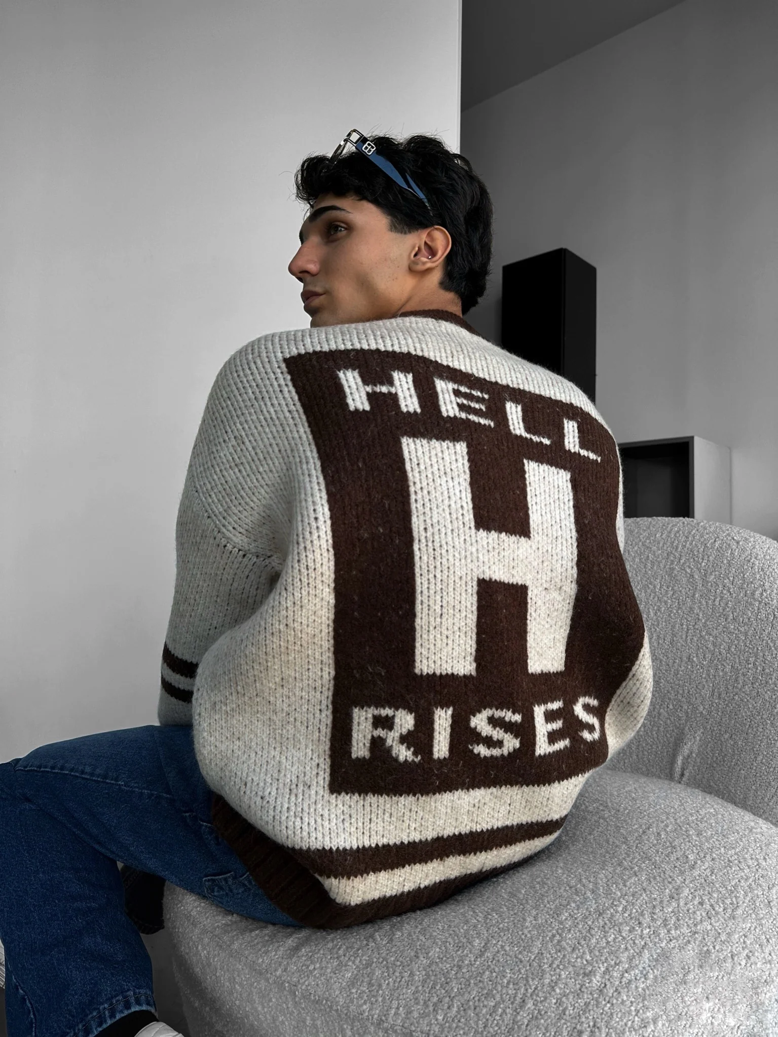 Oversize Knit Letter Sweater - Beige - Image 5