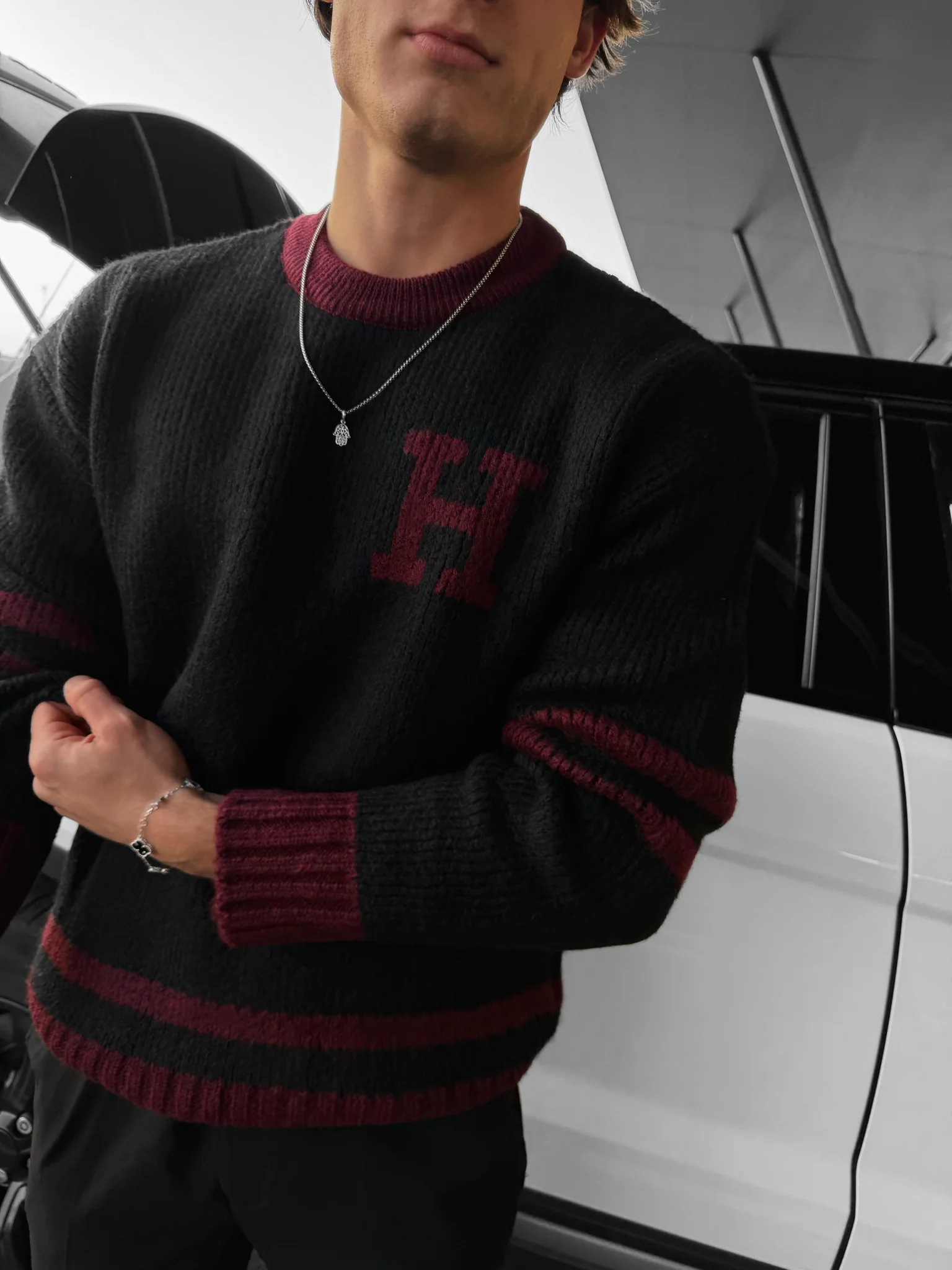 Oversize Knit Letter Sweater - Bordeaux - Image 2