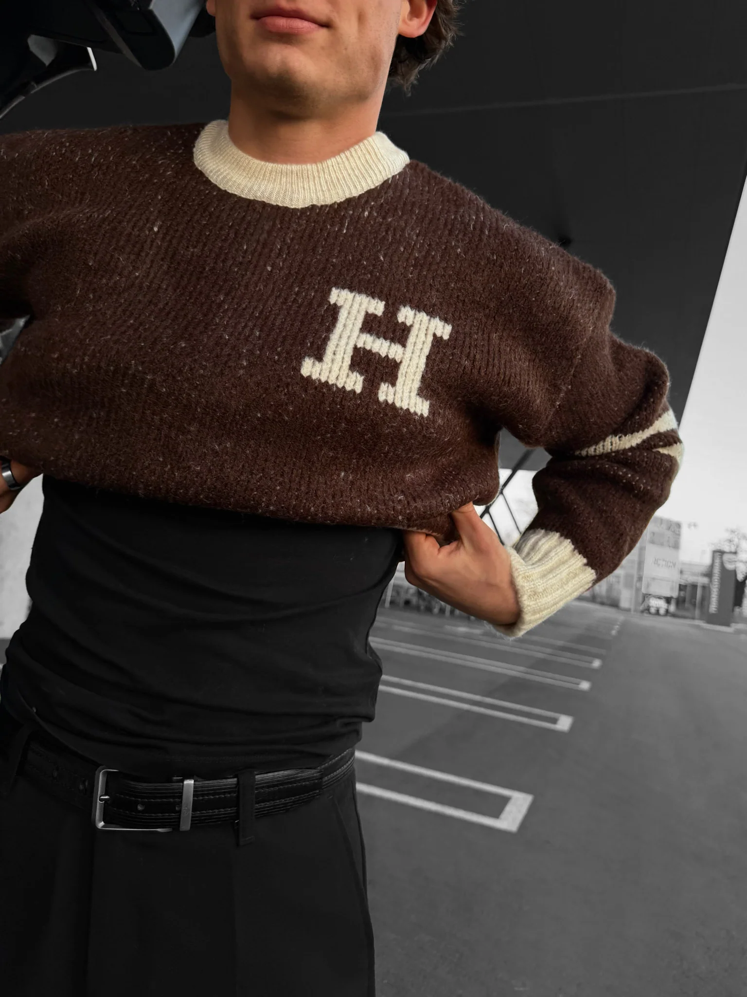 Oversize Knit Letter Sweater - Brown - Image 2