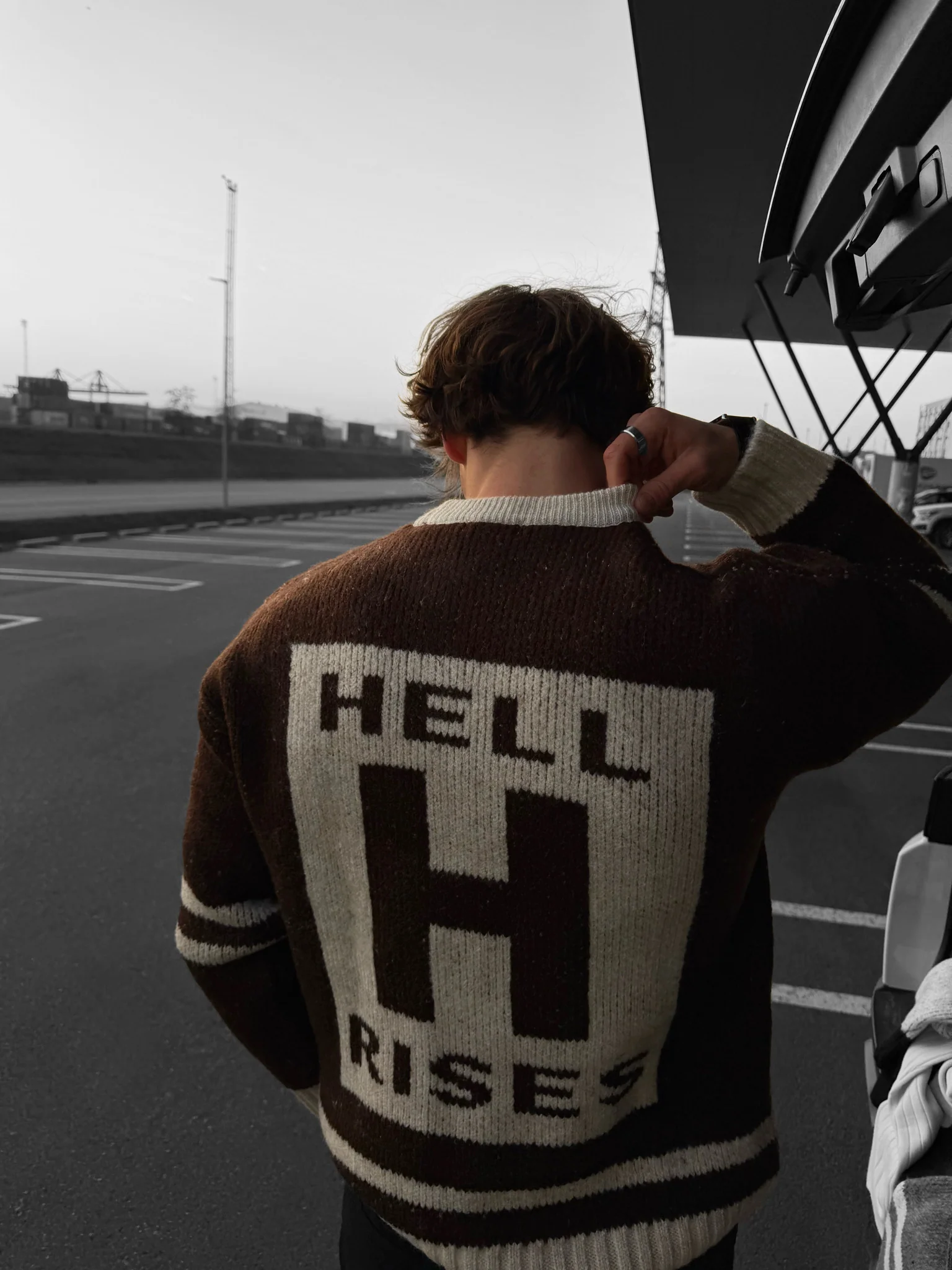 Oversize Knit Letter Sweater - Brown - Image 4