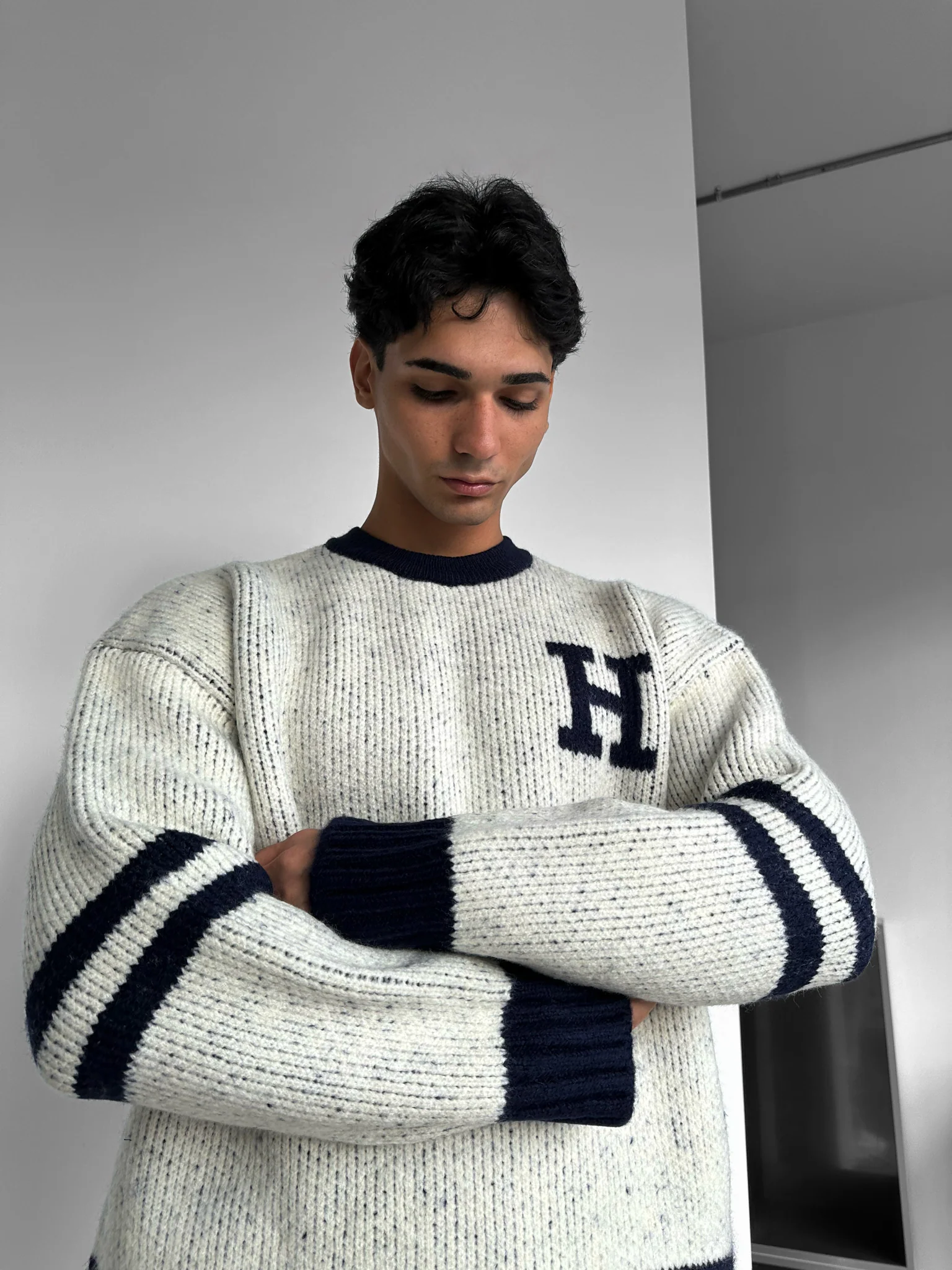 Oversize Knit Letter Sweater - Navy Blue - Image 3