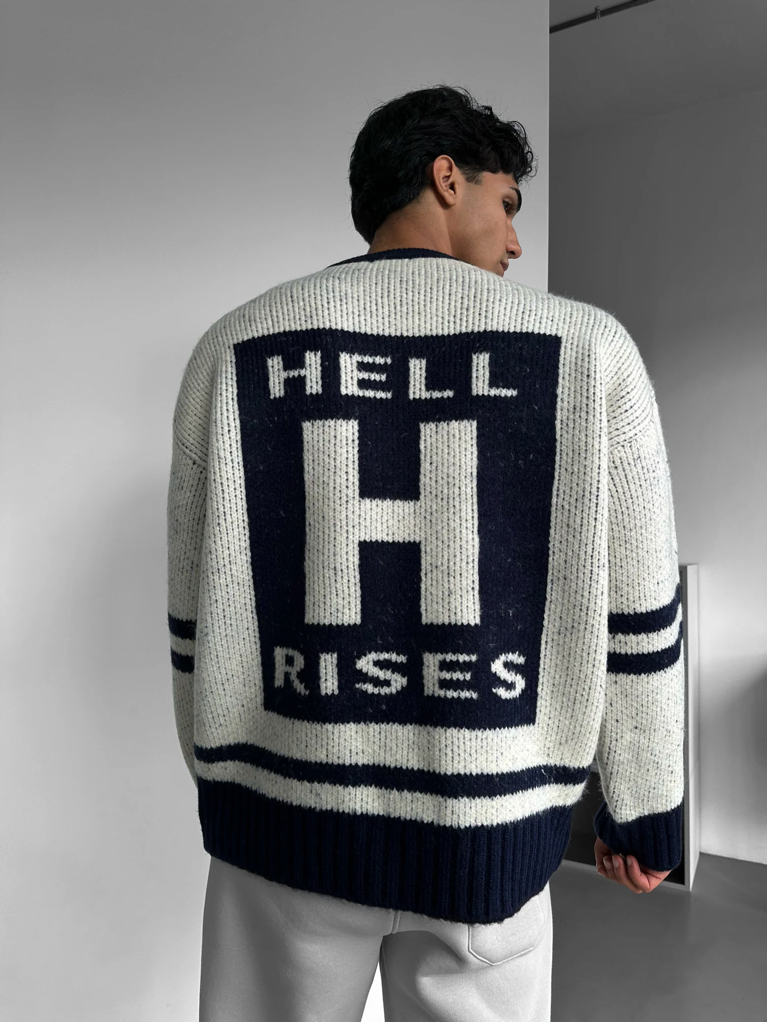 Oversize Knit Letter Sweater - Navy Blue - Image 4