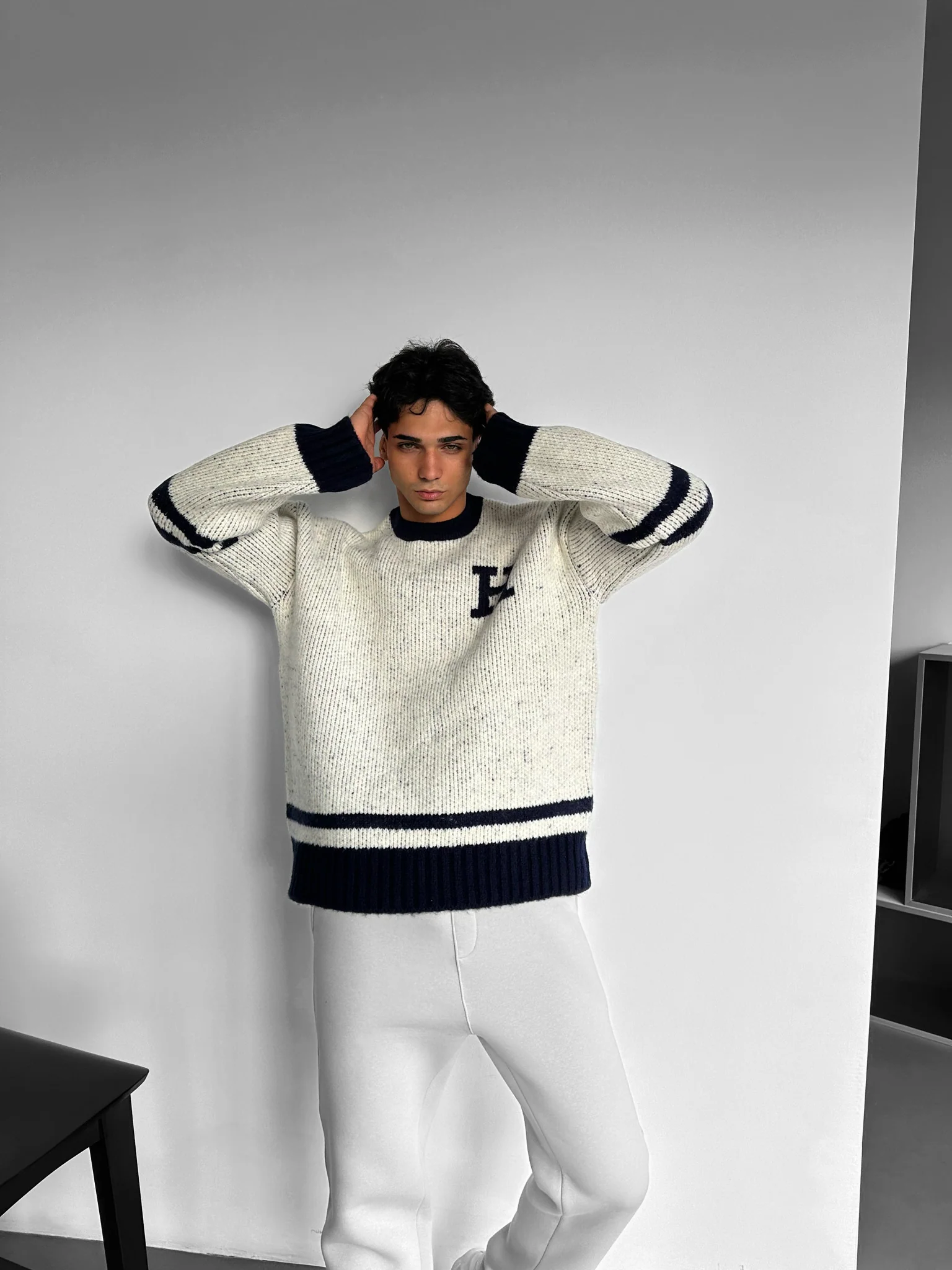 Oversize Knit Letter Sweater - Navy Blue - Image 5