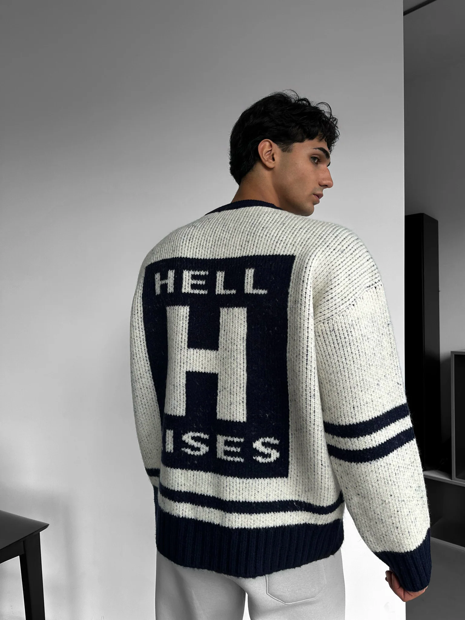 Oversize Knit Letter Sweater - Navy Blue - Image 6