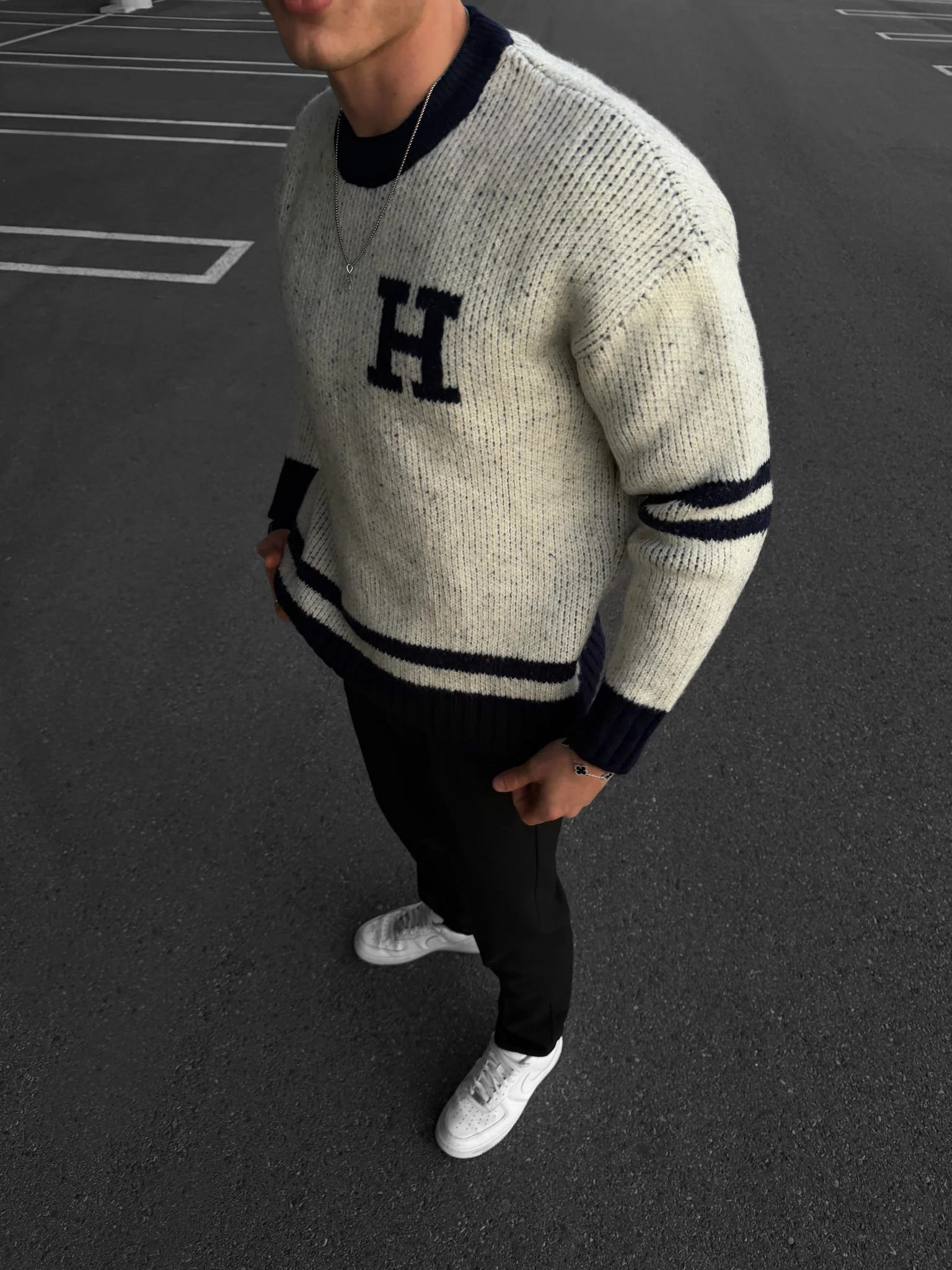 Oversize Knit Letter Sweater - Navy Blue - Image 7