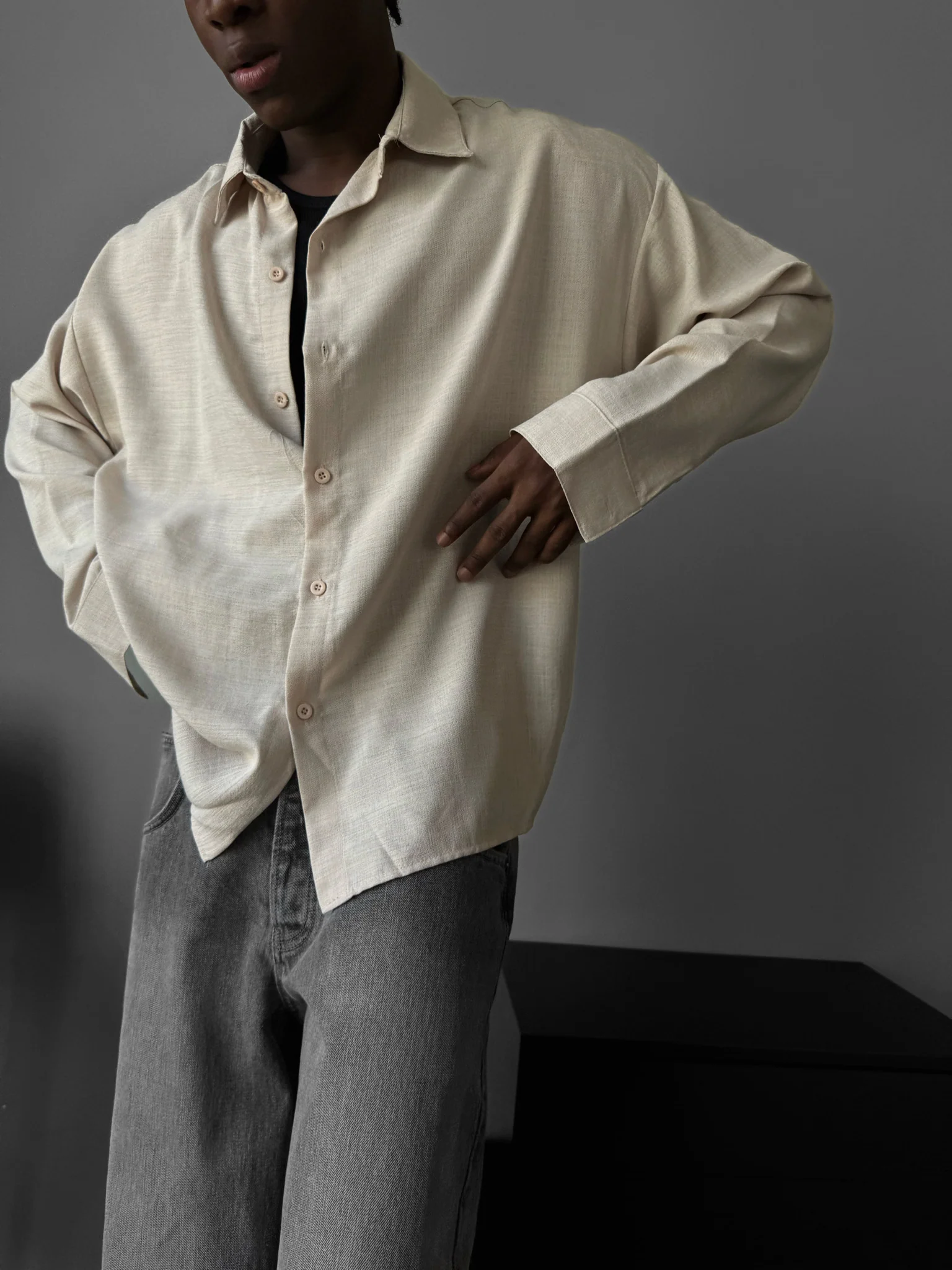 Oversize Linen Look Shirt - Beige - Image 2