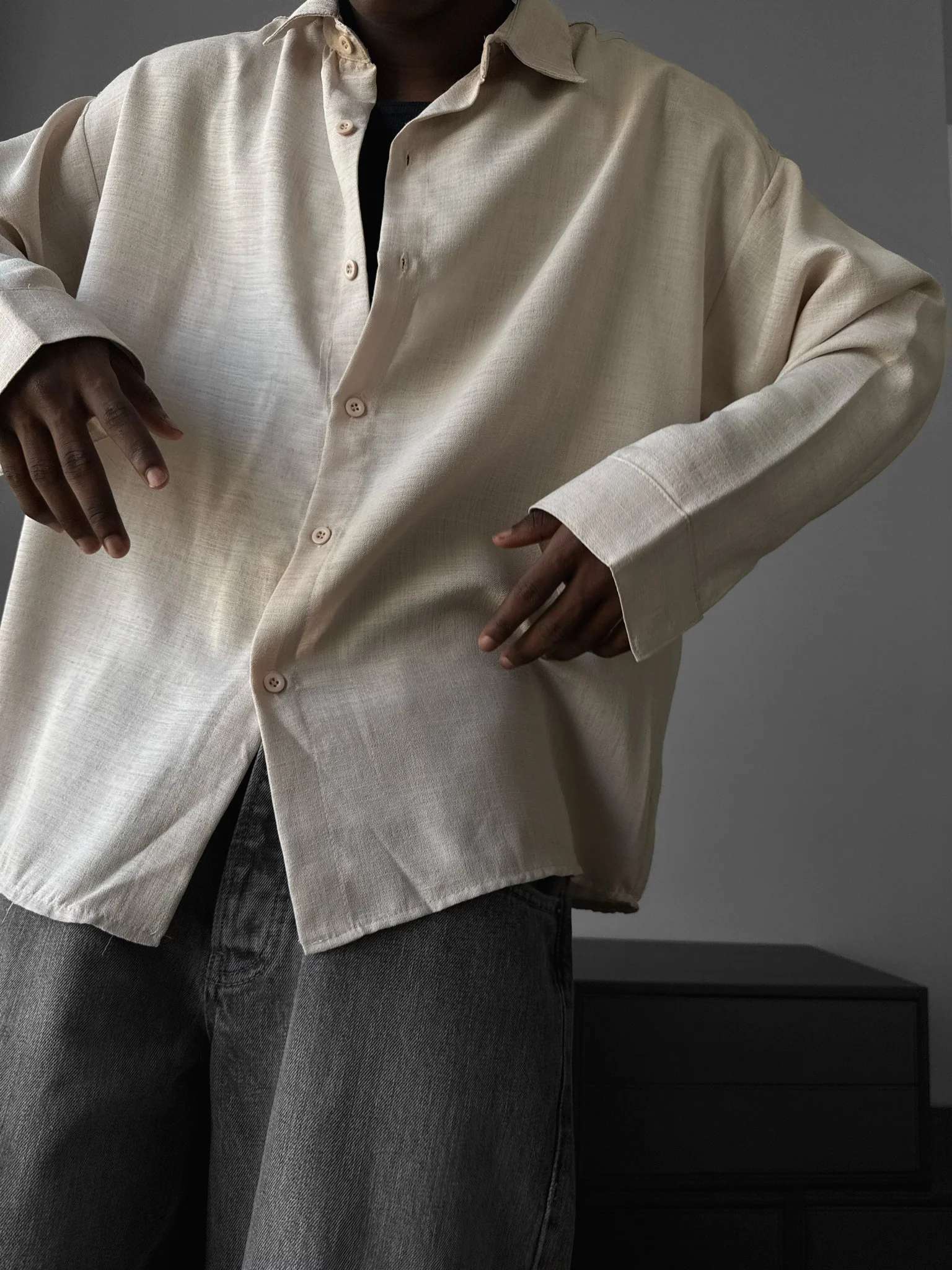 Oversize Linen Look Shirt - Beige - Image 3