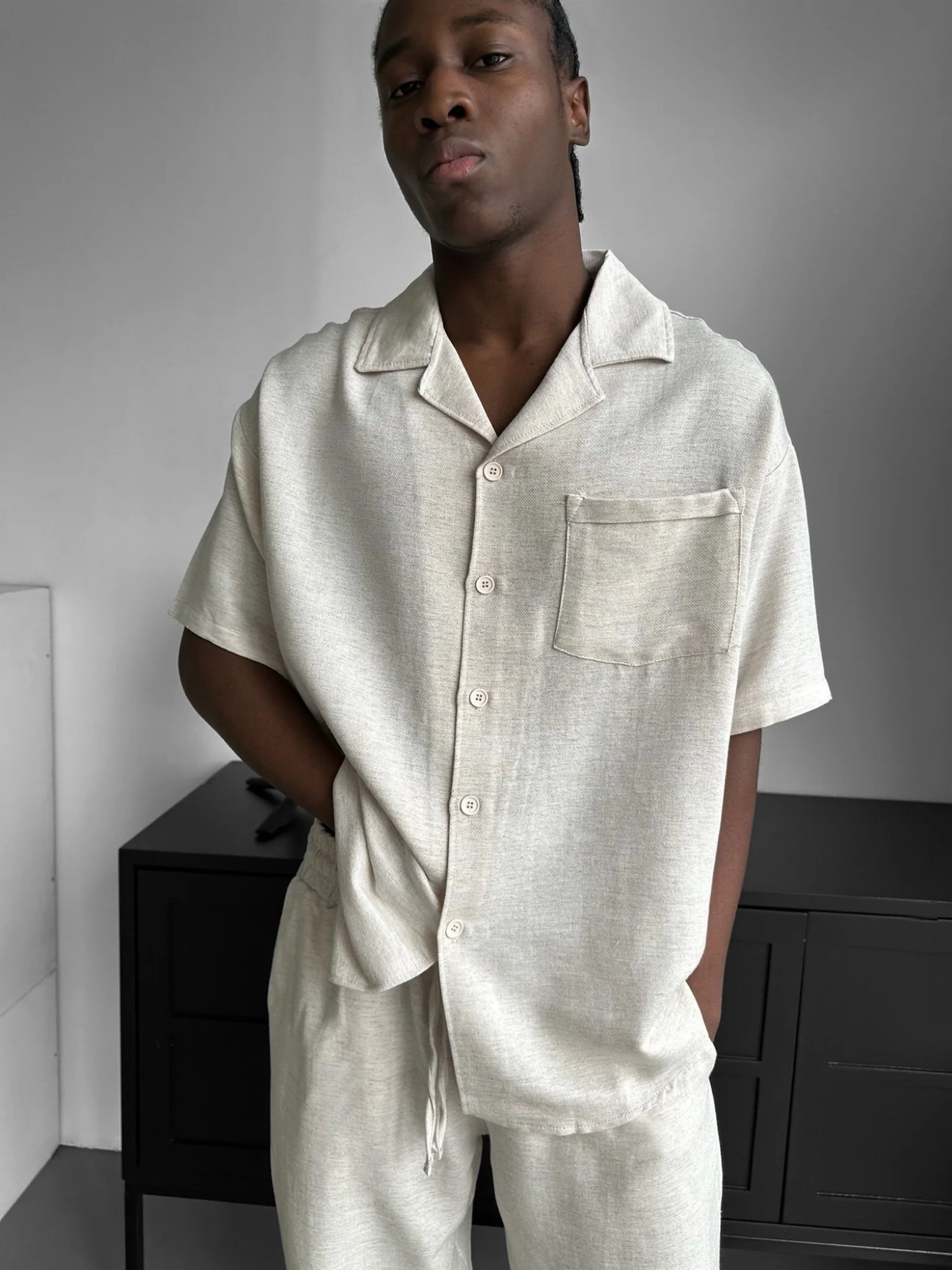 Oversize Linen Look Shirt - Beige - Image 4