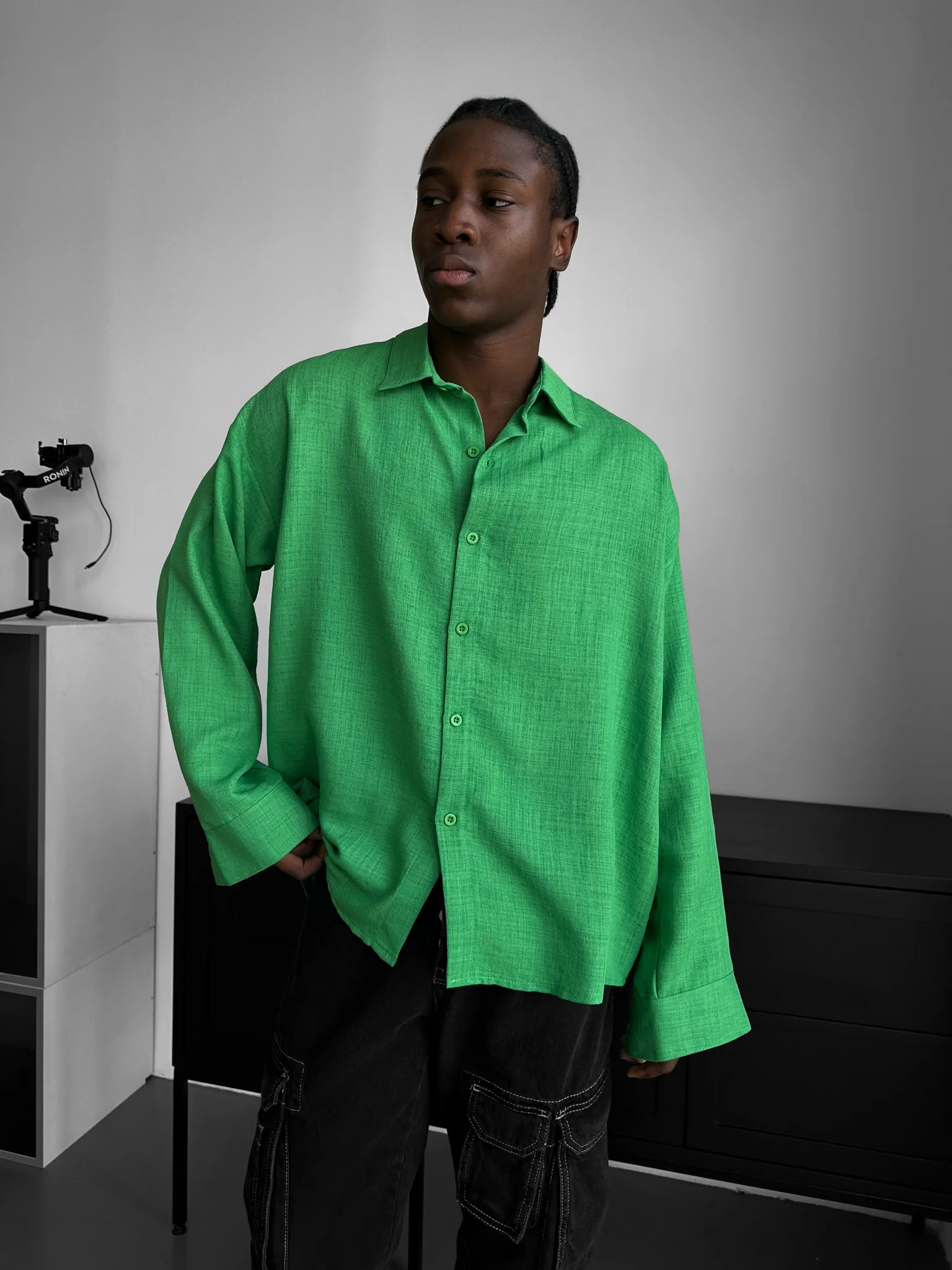 Oversize Linen Look Shirt - Green - Image 2