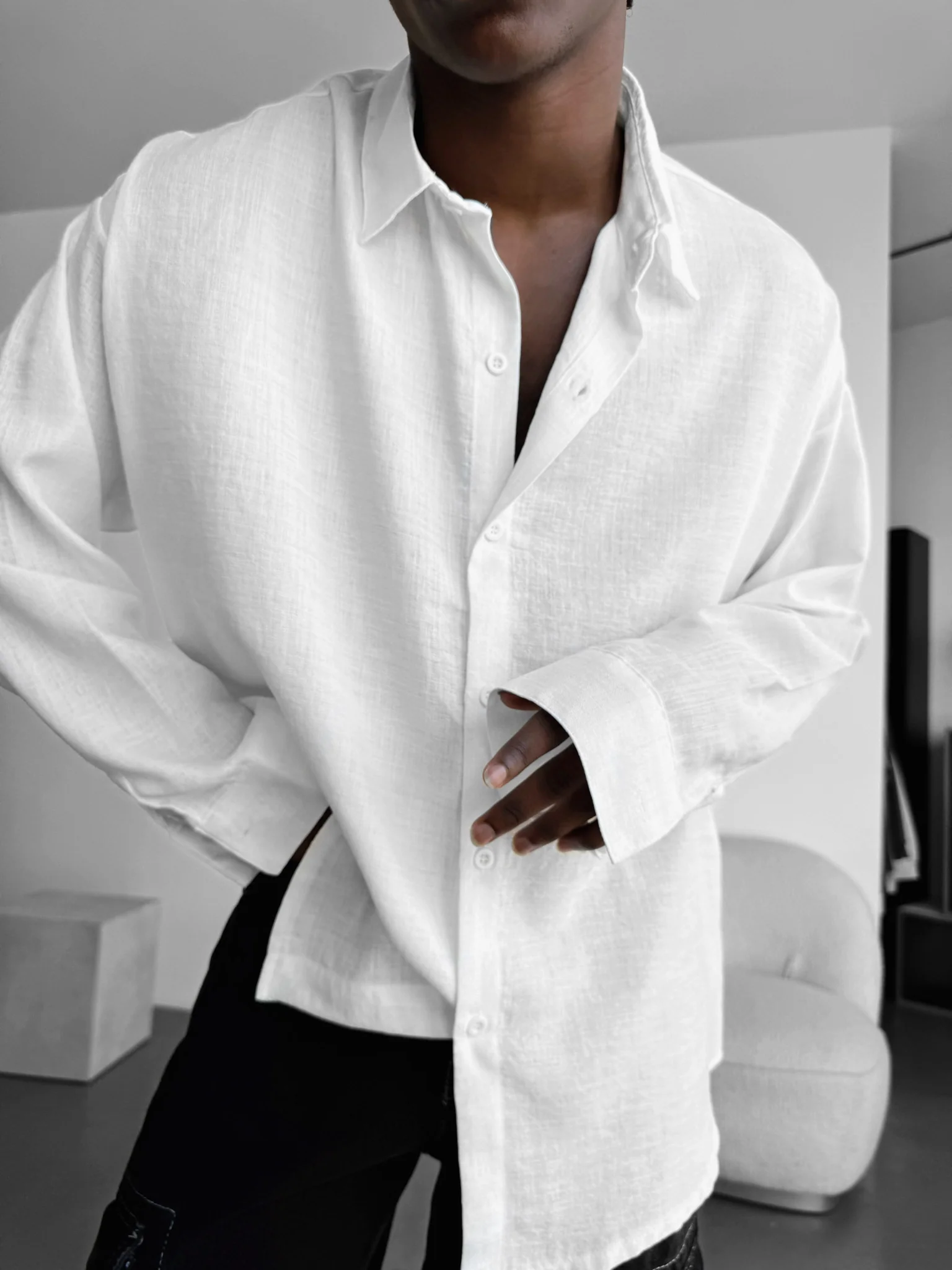 Oversize Linen Look Shirt - White - Image 3