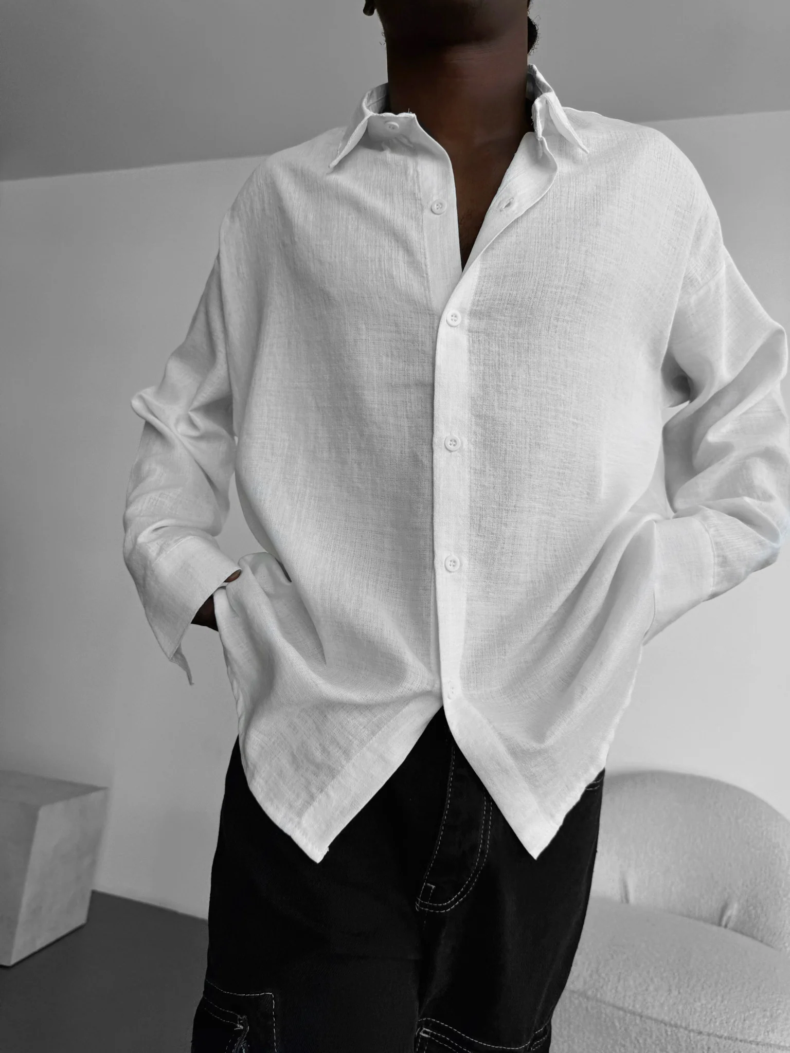 Oversize Linen Look Shirt - White - Image 4