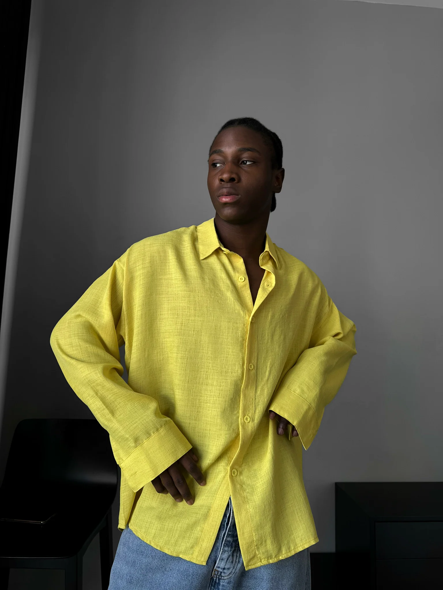 Oversize Linen Look Shirt - Yellow - Image 2