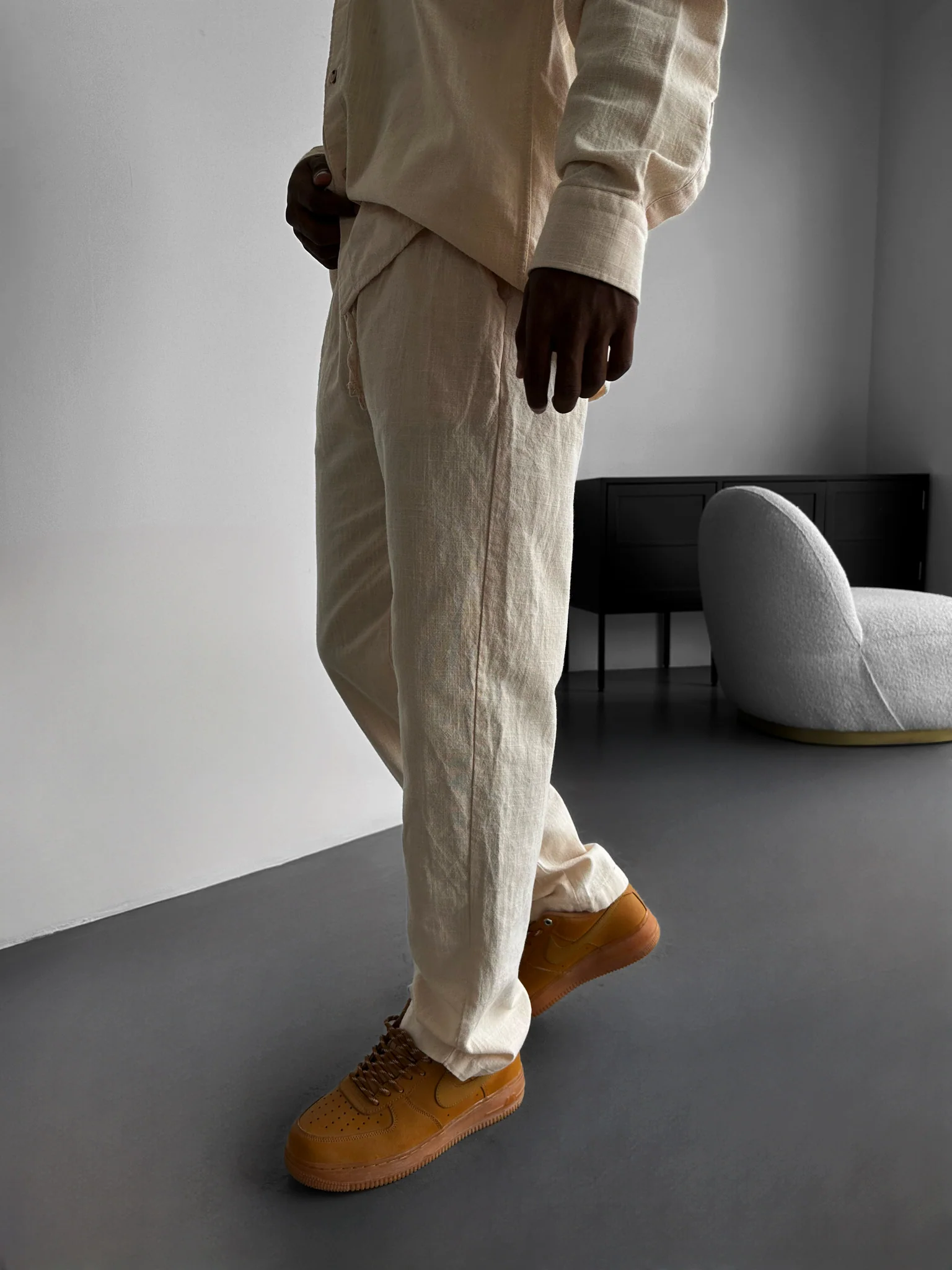 Oversize Linen Look Suit Pants - Beige - Image 2