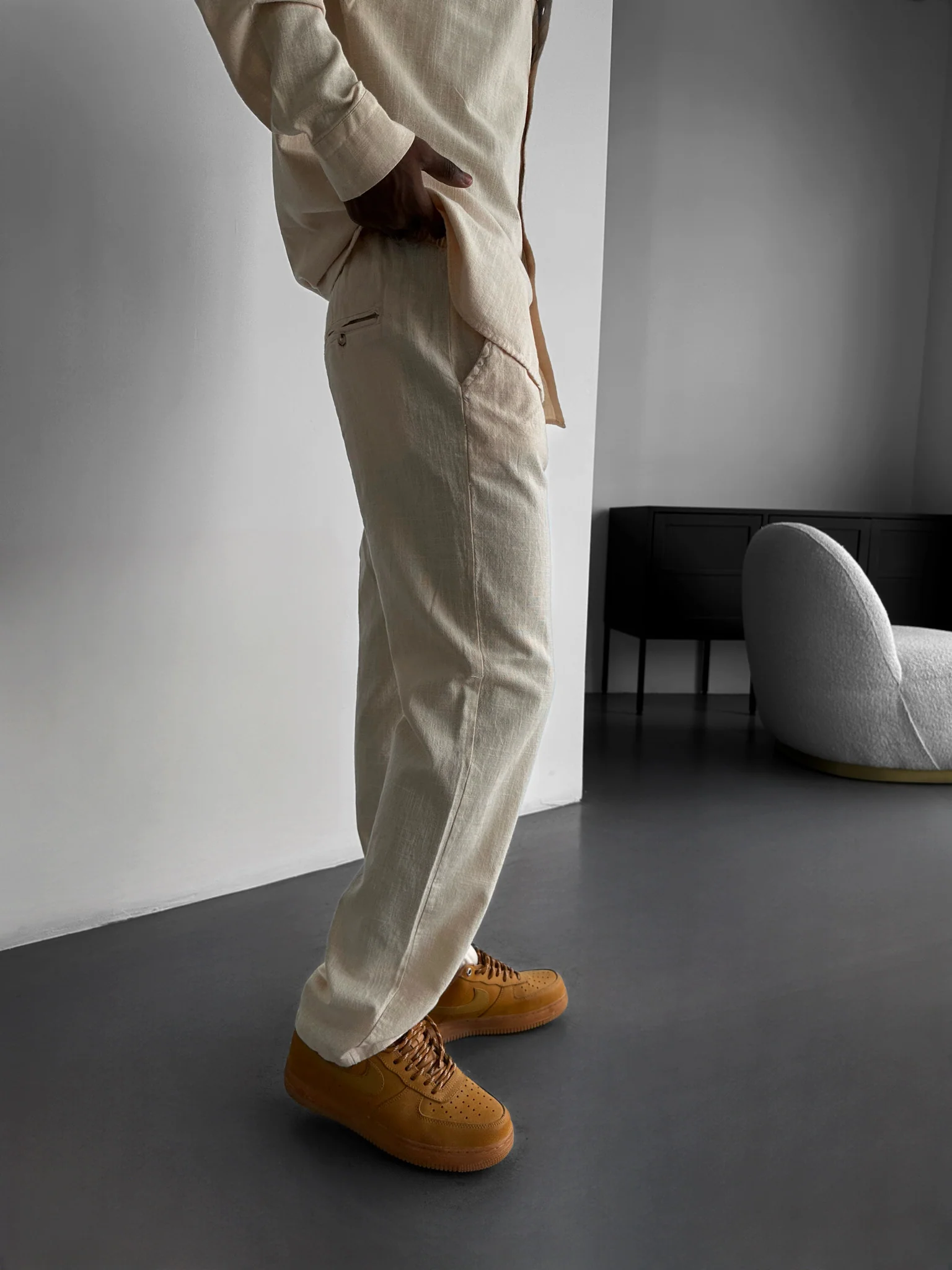 Oversize Linen Look Suit Pants - Beige - Image 3