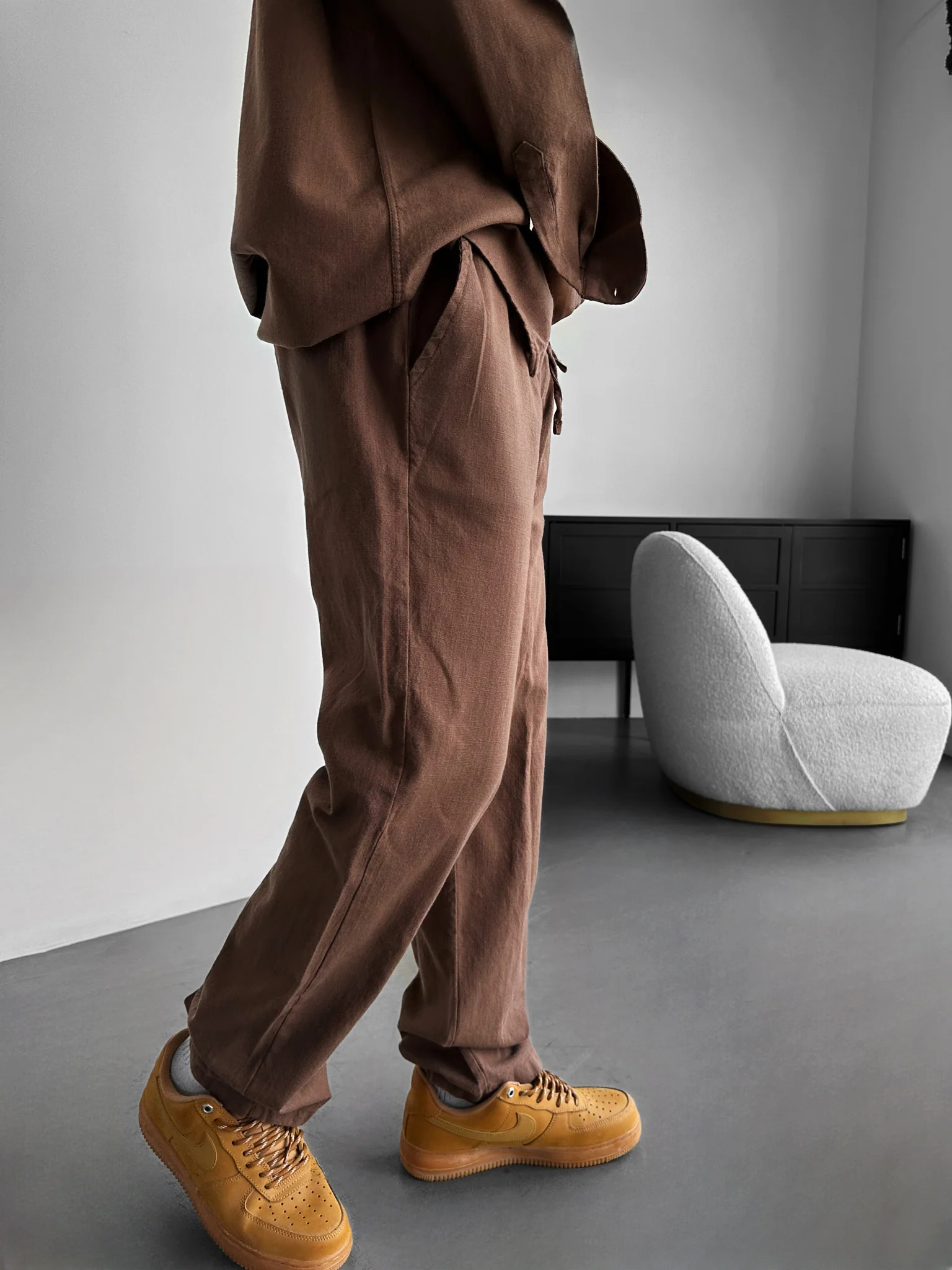Oversize Linen Look Suit Pants - Brown - Image 2
