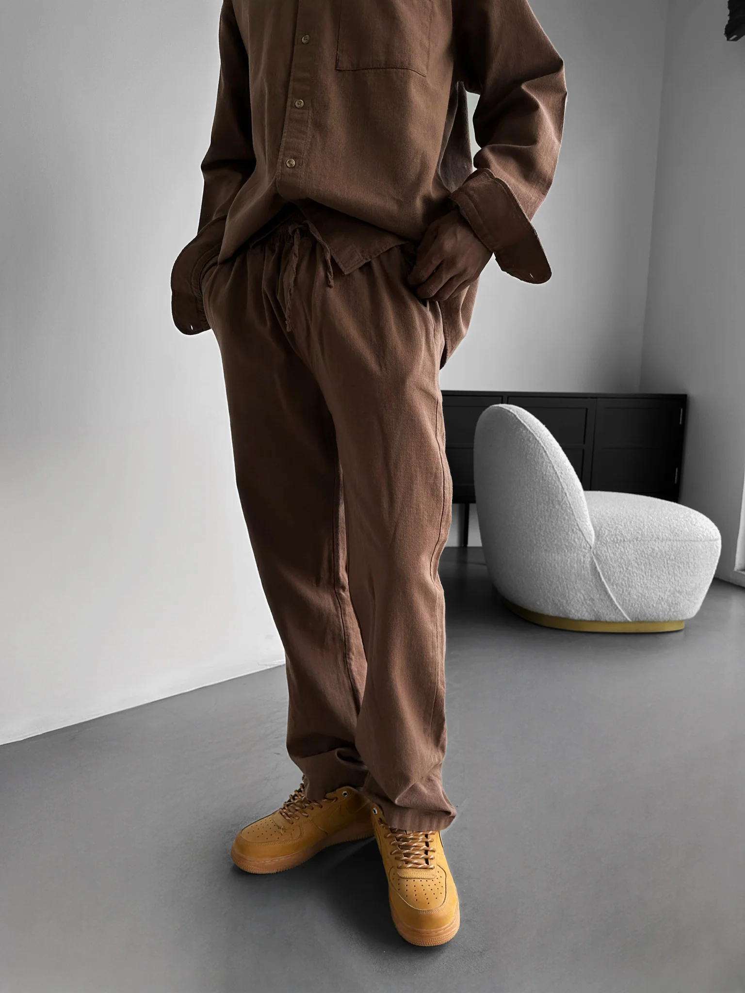 Oversize Linen Look Suit Pants - Brown - Image 3
