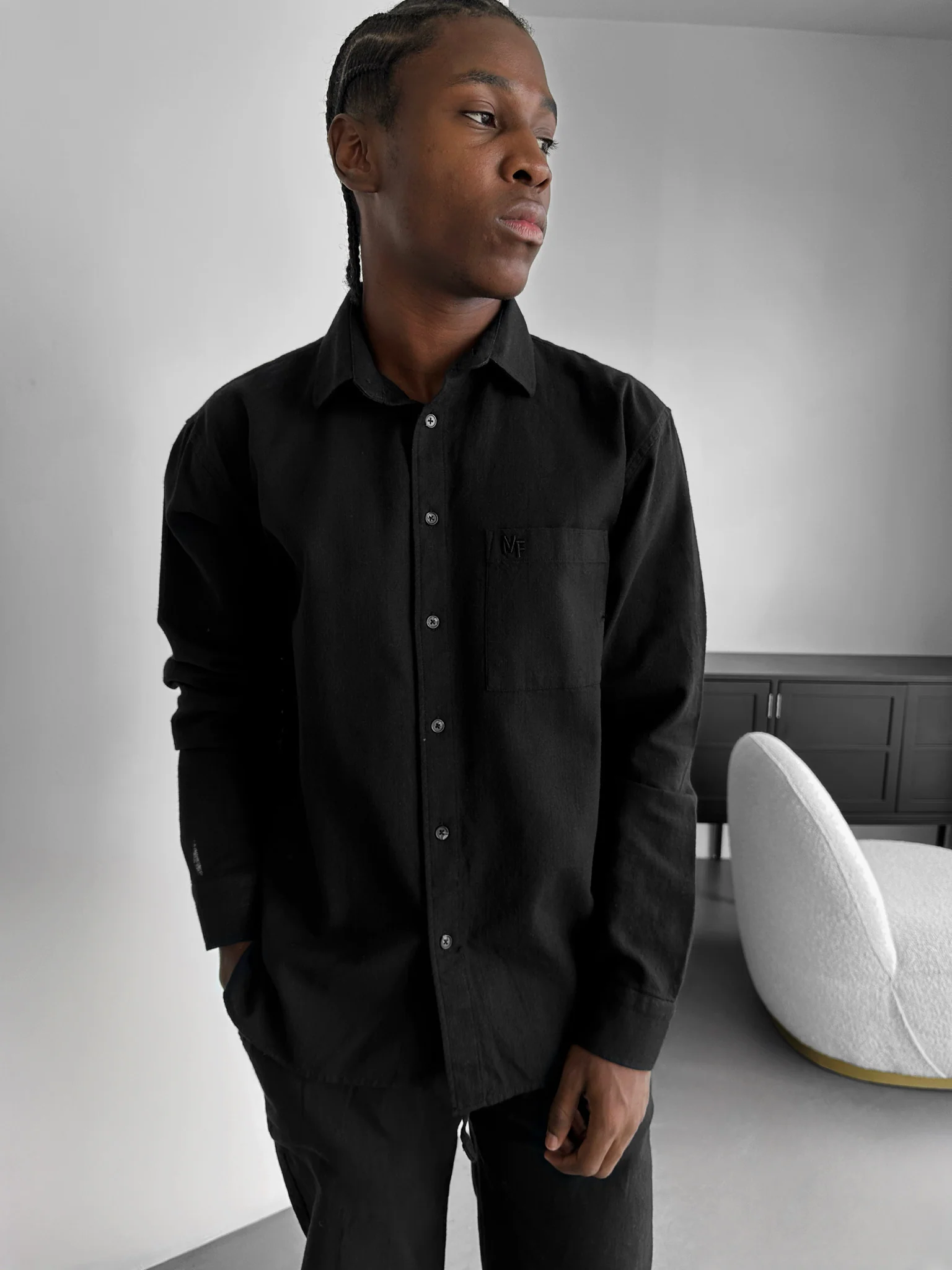 Oversize Linen Look Suit Shirt - Black - Image 2