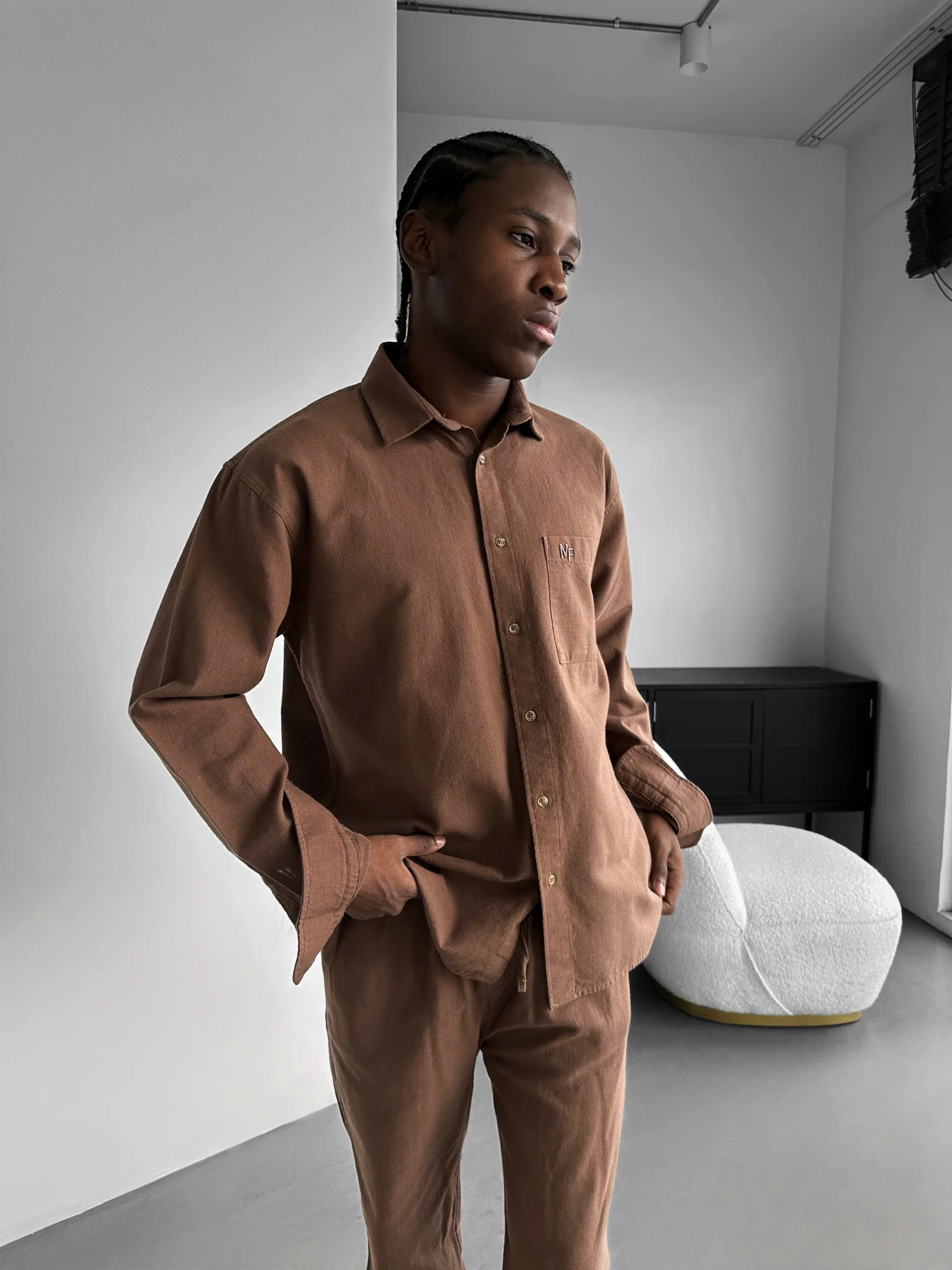 Oversize Linen Look Suit Shirt - Brown - Image 3