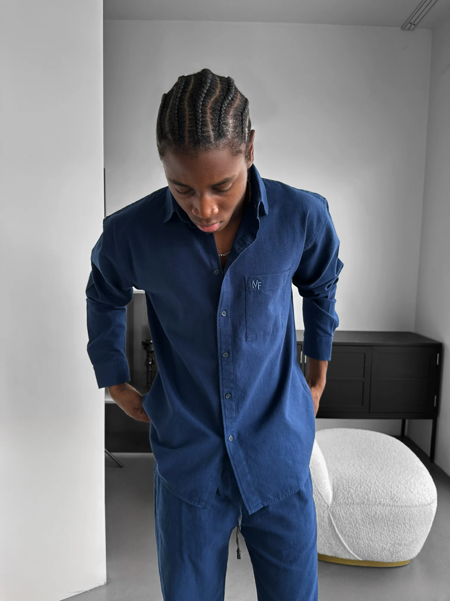 Oversize Linen Look Suit Shirt - Indigo - Image 2