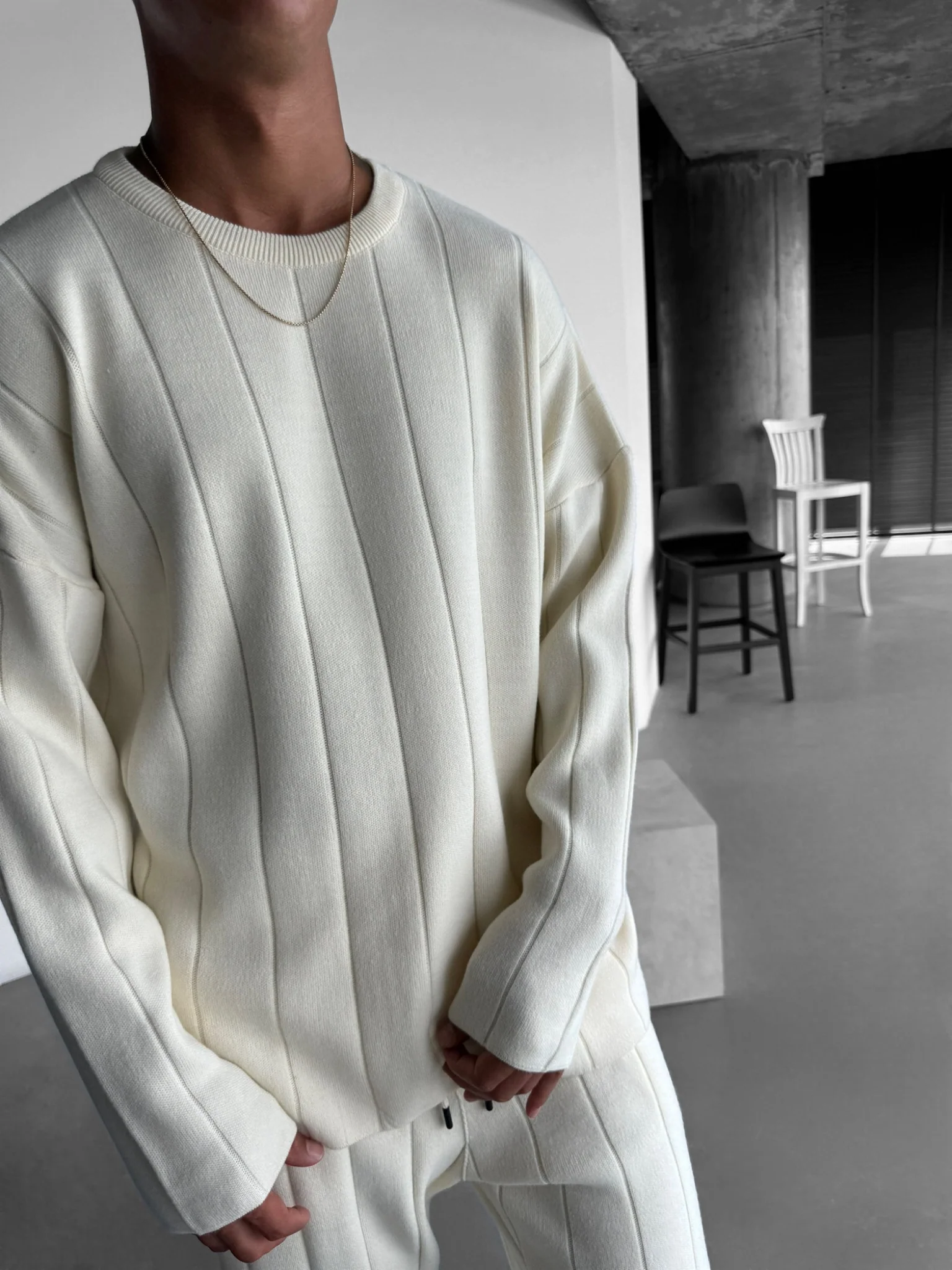 Oversize Lines Knit Sweatshirt - Cremé - Image 3