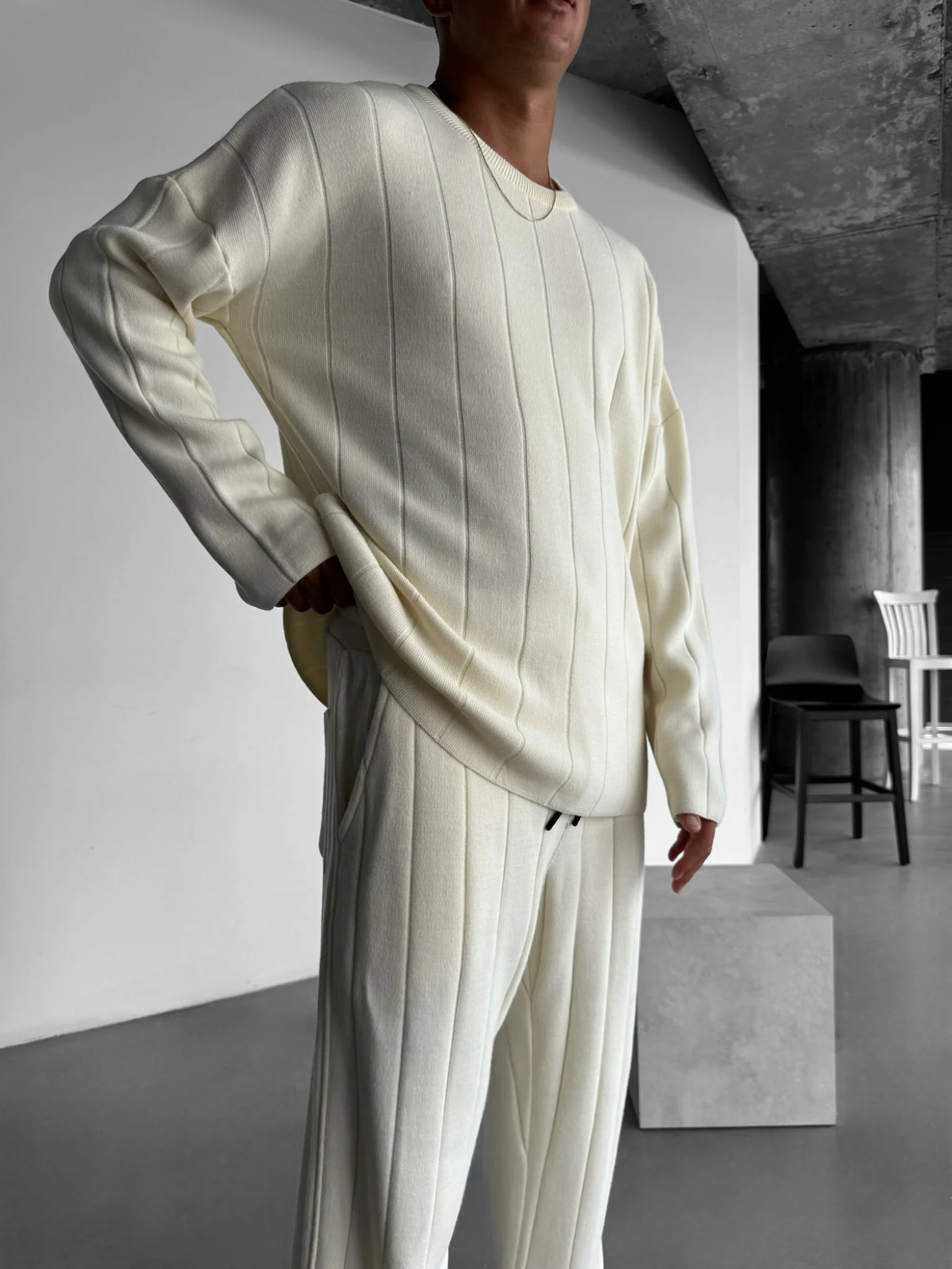 Oversize Lines Knit Sweatshirt - Cremé - Image 4
