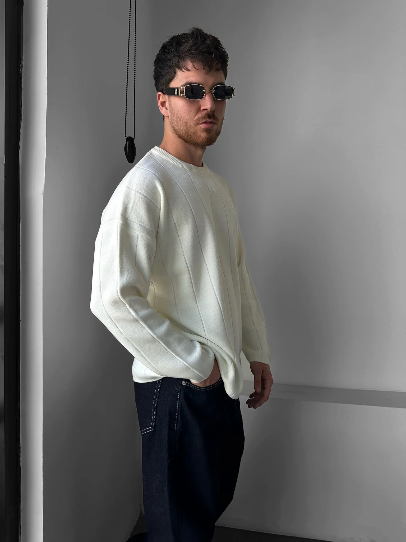 Oversize Lines Knit Sweatshirt - Ecru - Image 5