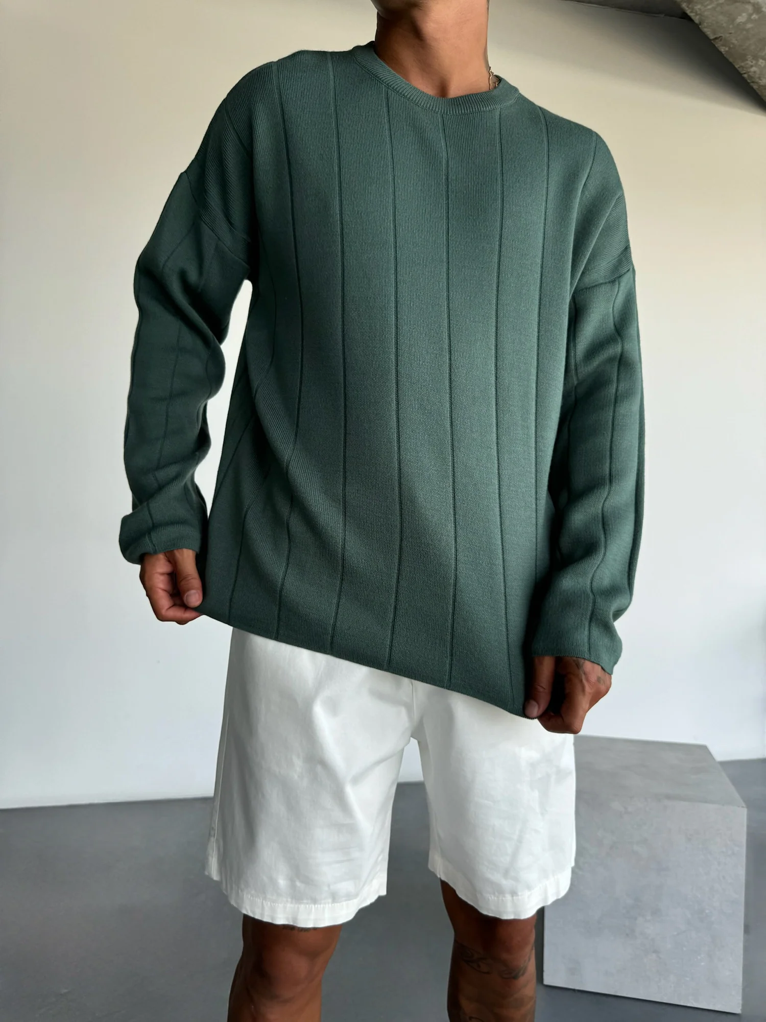 Oversize Lines Knit Sweatshirt - Petrol - Image 2