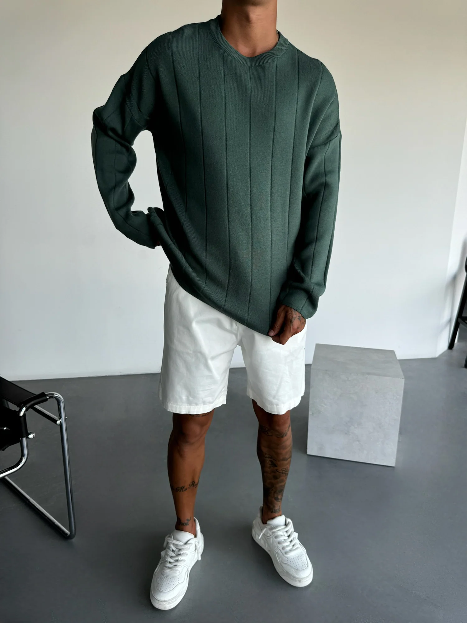 Oversize Lines Knit Sweatshirt - Petrol - Image 3