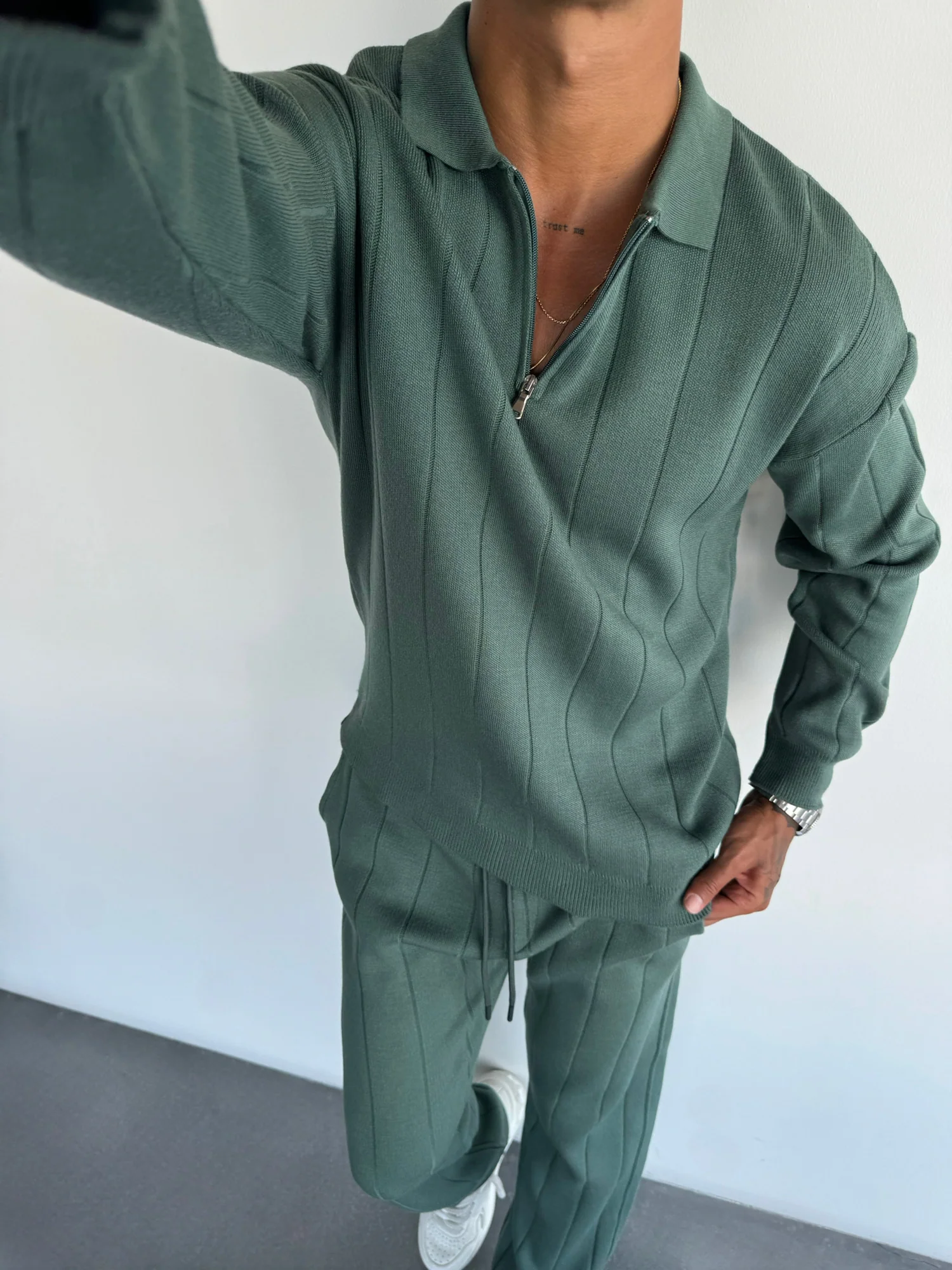 Oversize Lines Knit Zipper Polo Sweatshirt - Petrol - Image 2