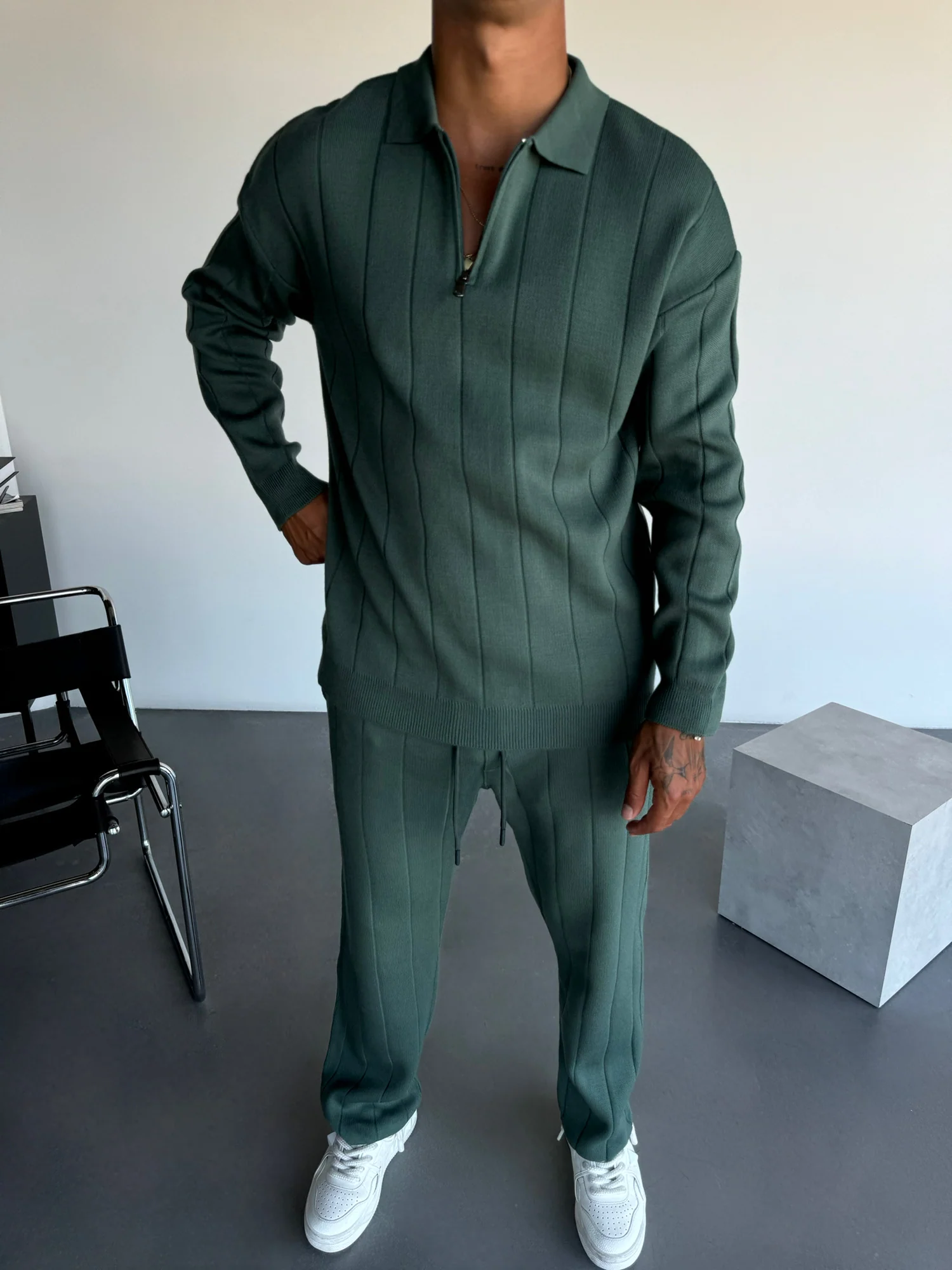 Oversize Lines Knit Zipper Polo Sweatshirt - Petrol - Image 3