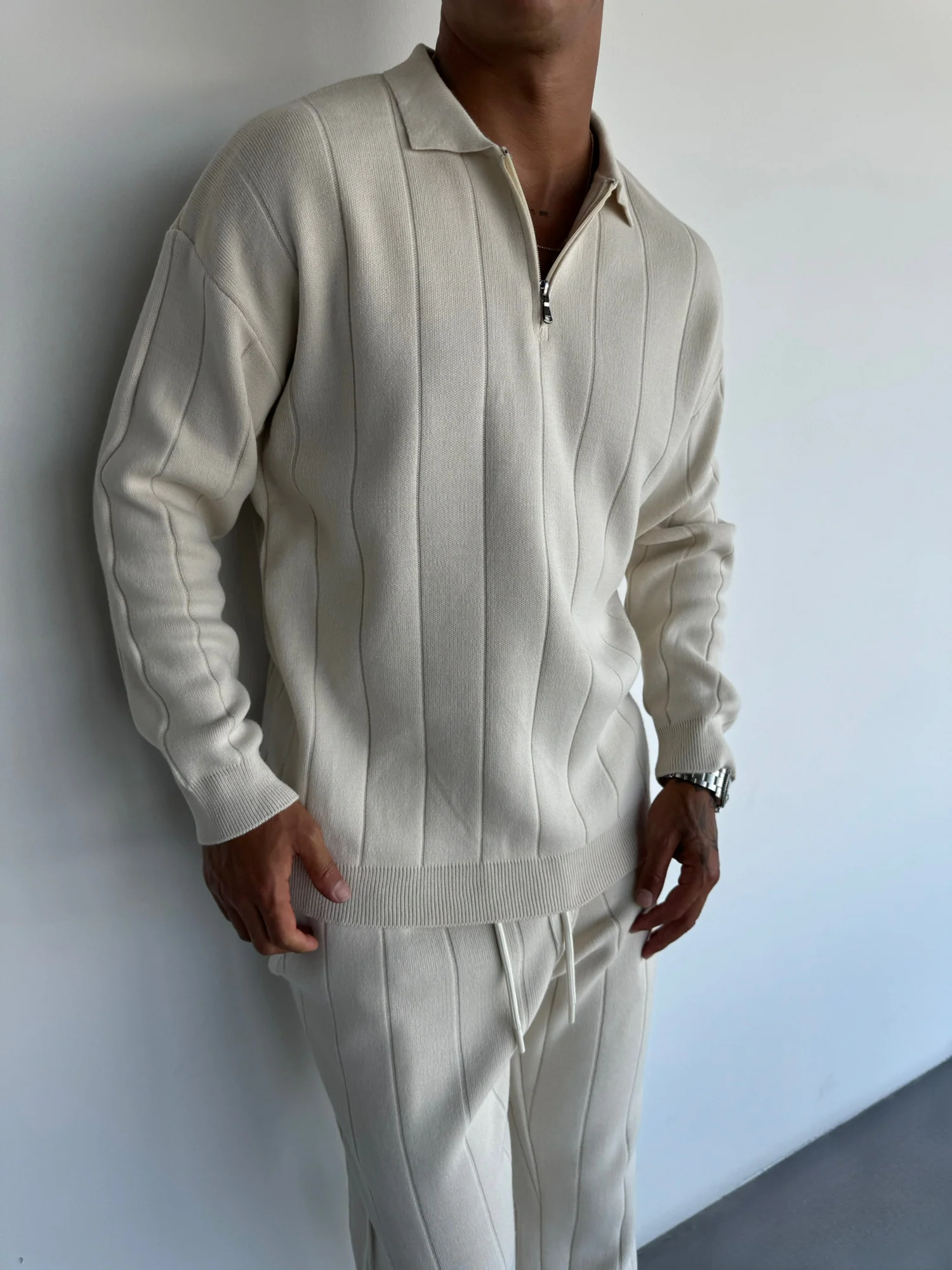 Oversize Lines Knit Zipper Polo Sweatshirt - Stone - Image 6