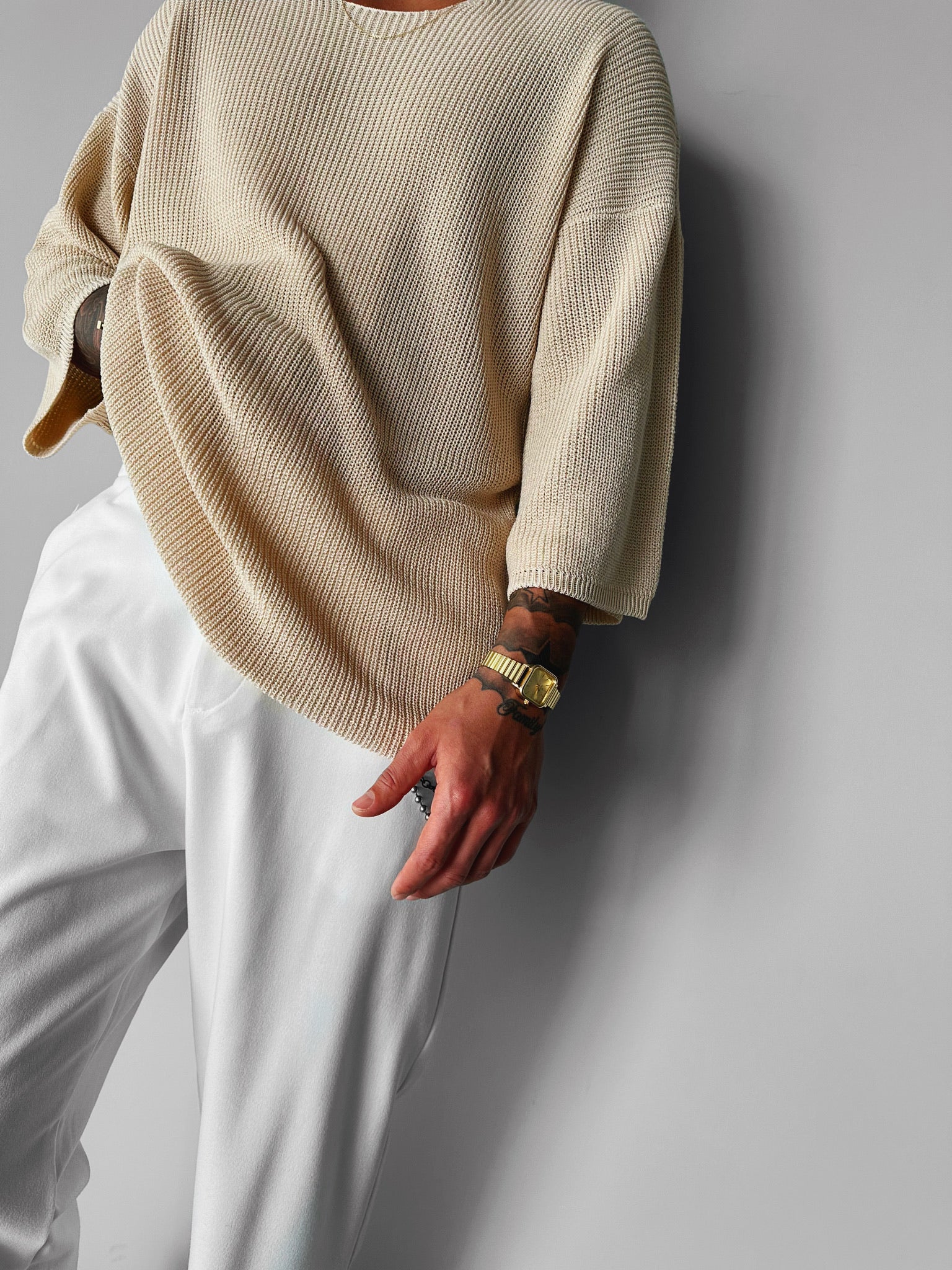 Oversize Long Knit T-Shirt- Beige - Image 2