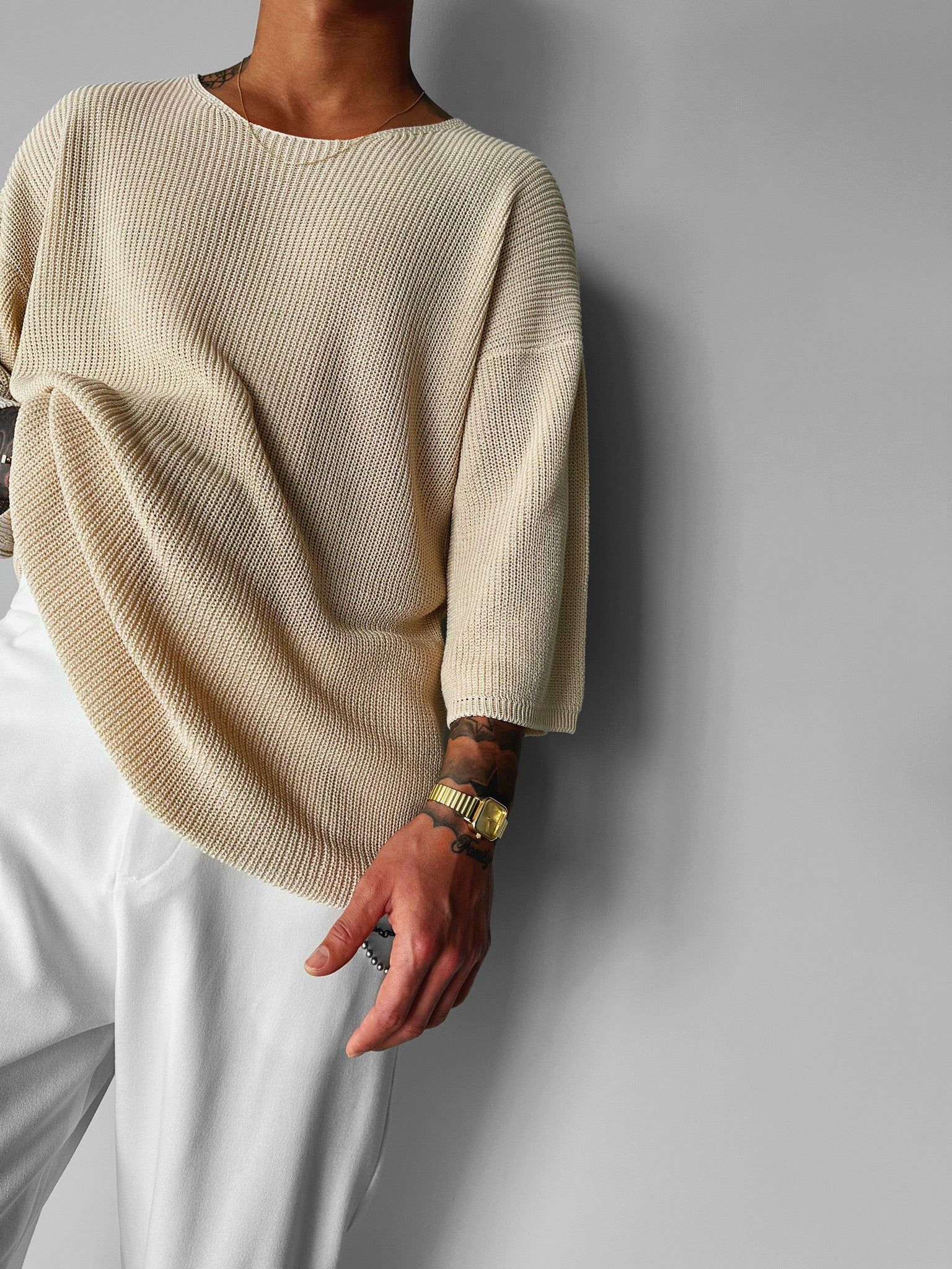 Oversize Long Knit T-Shirt- Beige - Image 3