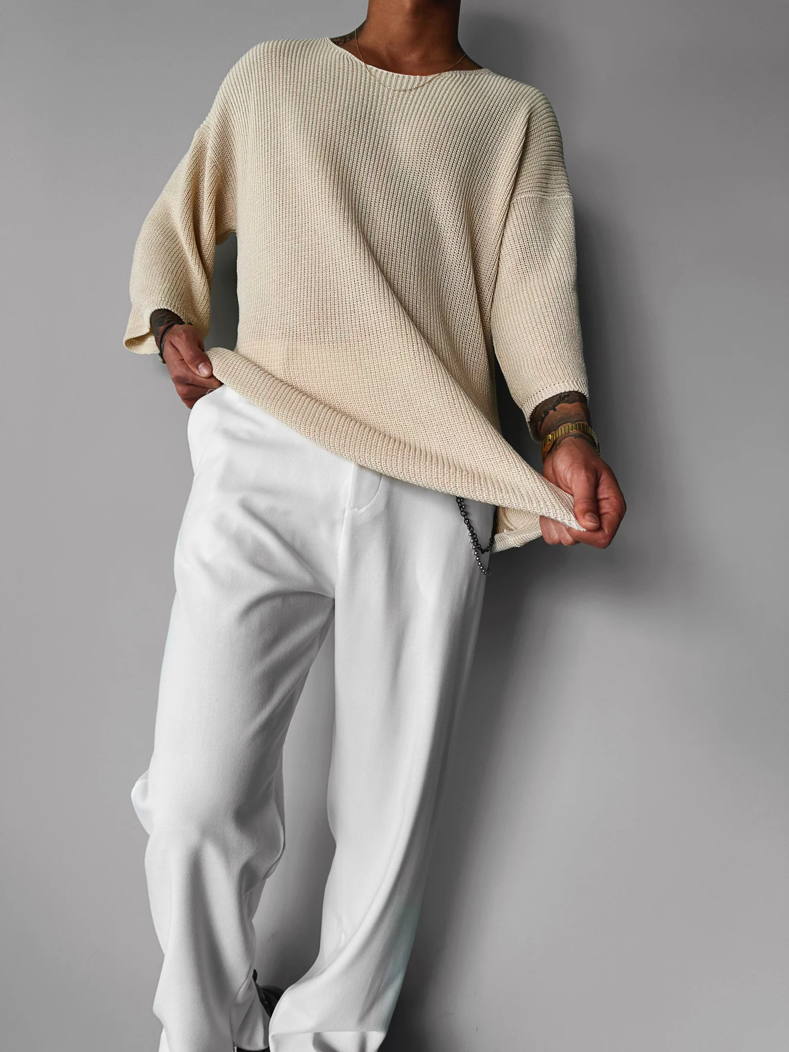 Oversize Long Knit T-Shirt- Beige - Image 4