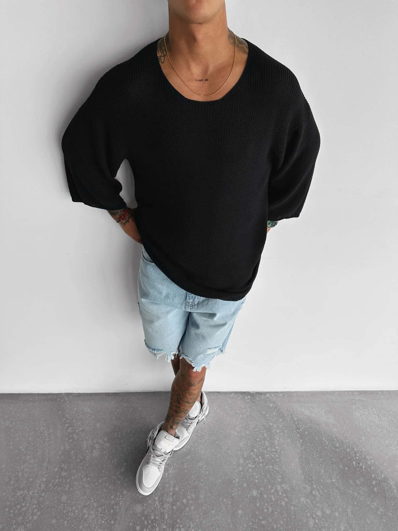 Oversize Long Knit T-Shirt - Black - Image 2